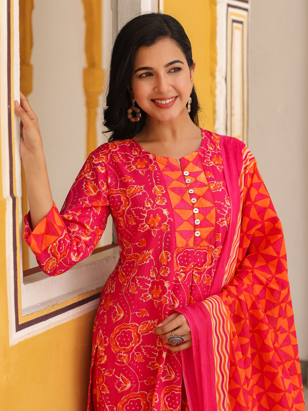 Women Floral Printed Cotton A-Line Kurta with Trousers & Dupatta