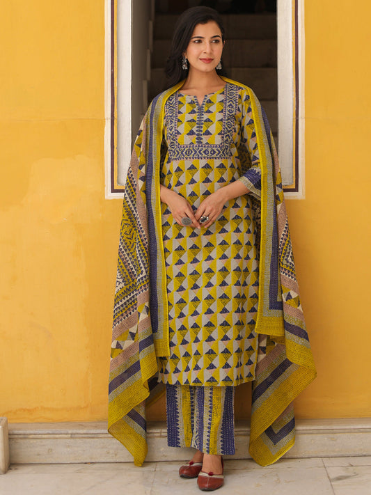 Geometric Printed Pure Cotton Straight Kurta With Trousers & Dupatta