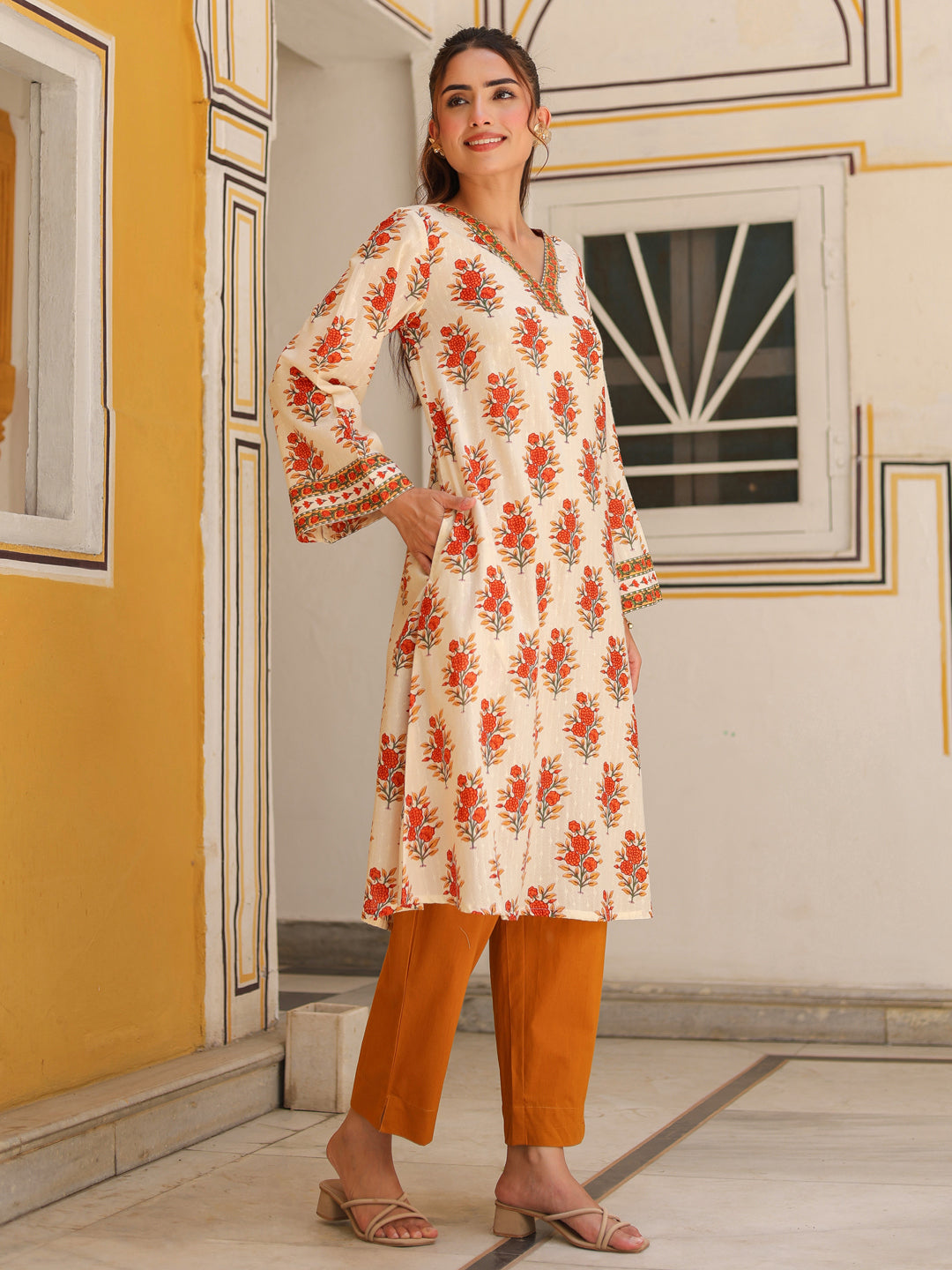 Women Ethnic Motifs Printed Pure Cotton Flared Sleeves A-Line Kurta