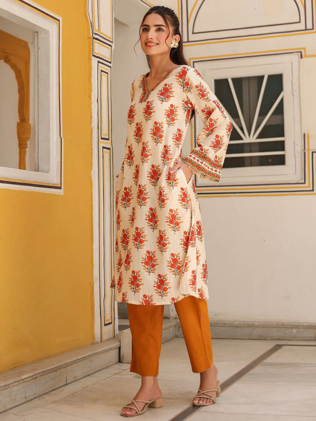 Women Ethnic Motifs Printed Pure Cotton Flared Sleeves A-Line Kurta