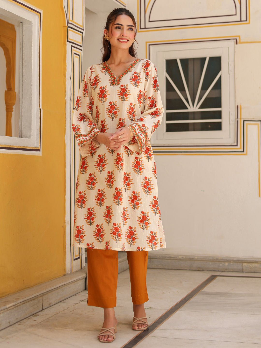 Women Ethnic Motifs Printed Pure Cotton Flared Sleeves A-Line Kurta