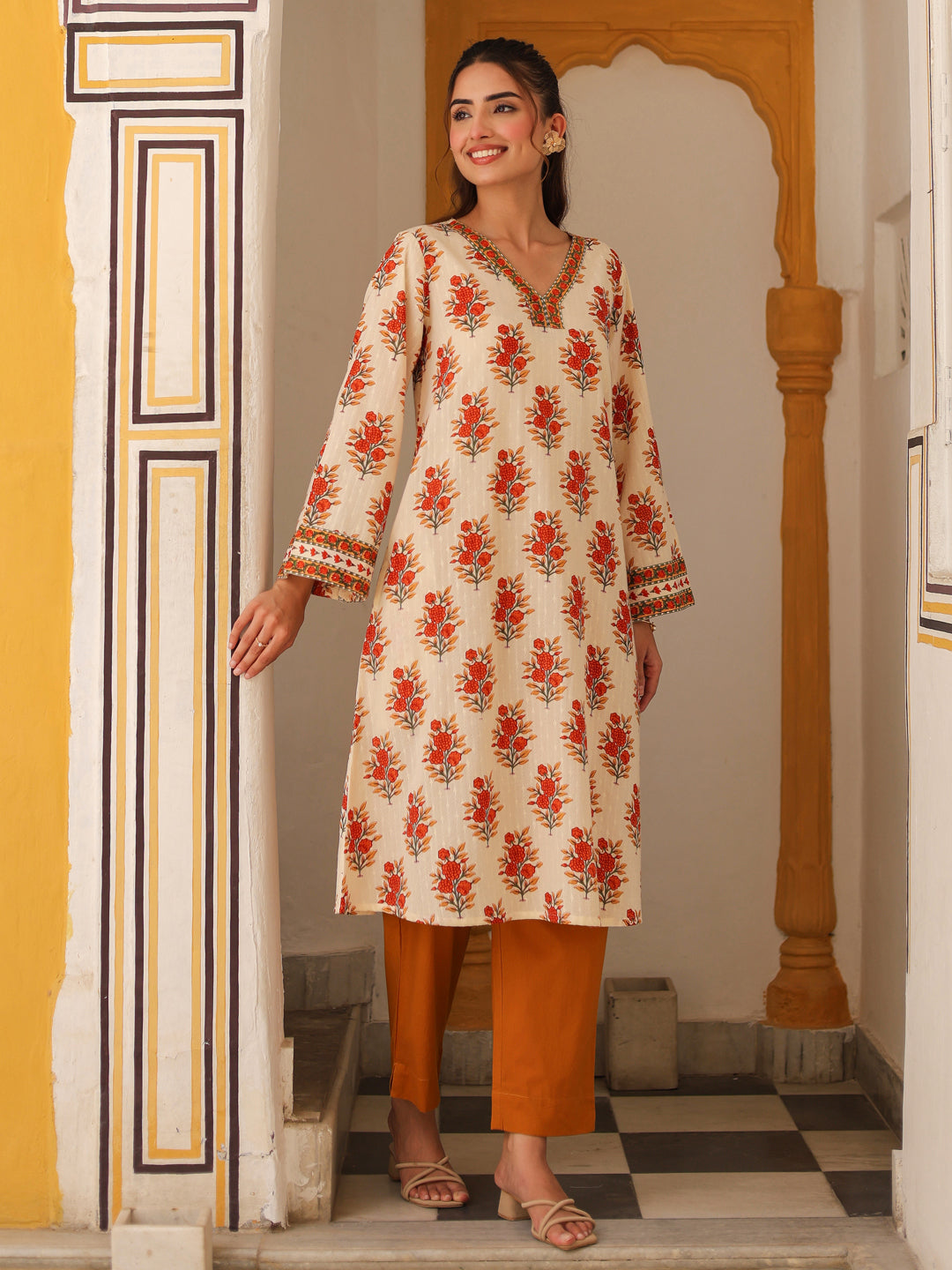 Women Ethnic Motifs Printed Pure Cotton Flared Sleeves A-Line Kurta