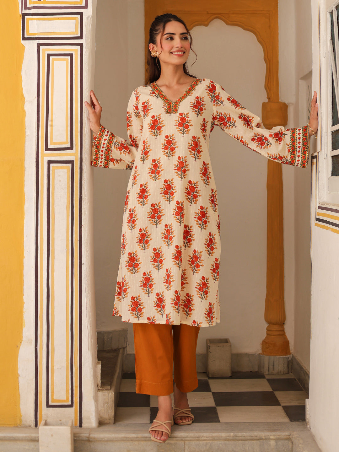 Women Ethnic Motifs Printed Pure Cotton Flared Sleeves A-Line Kurta