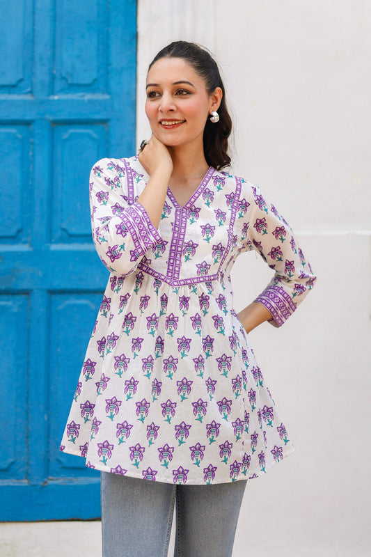 Women Floral Printed V-Neck A-Line Cotton Top