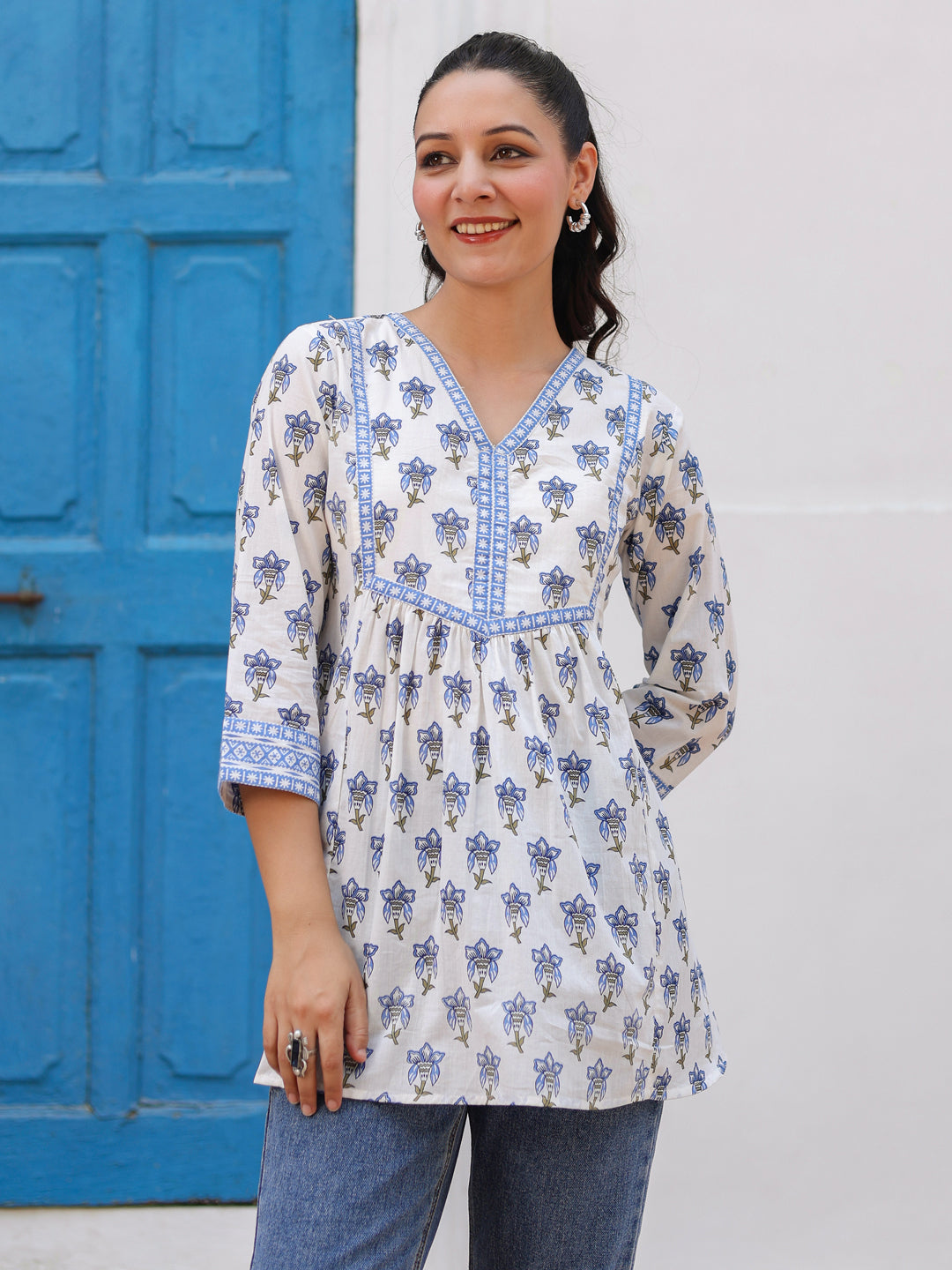 Women Floral Printed V Neck Cotton Top