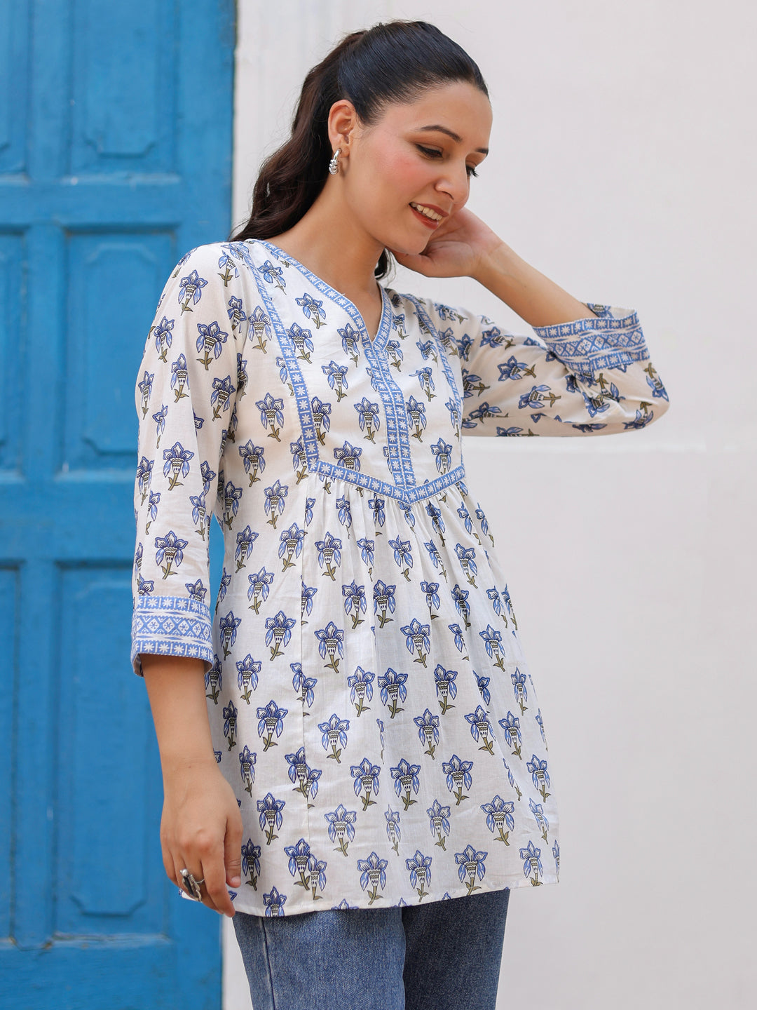 Women Floral Printed V Neck Cotton Top