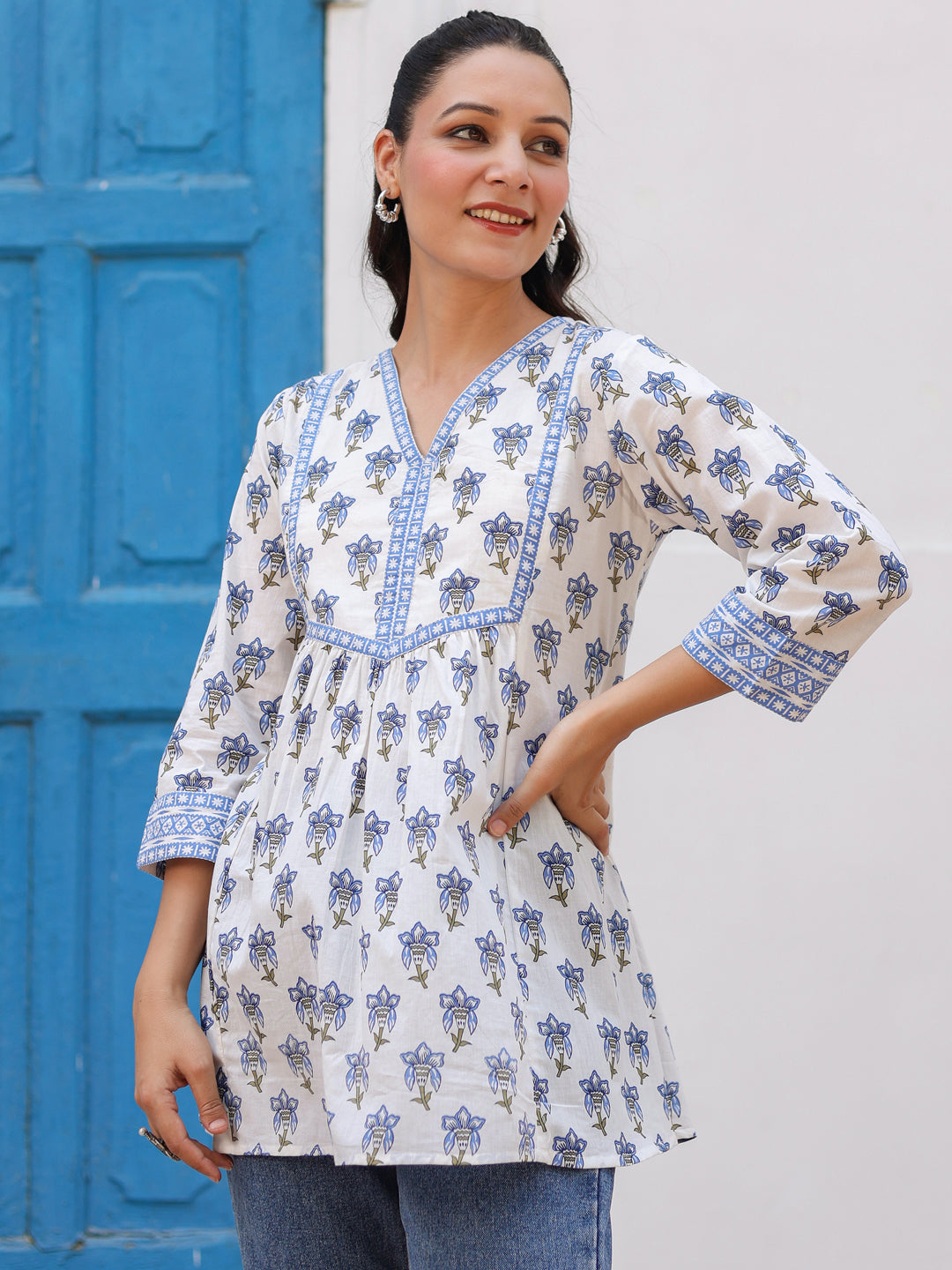 Women Floral Printed V Neck Cotton Top