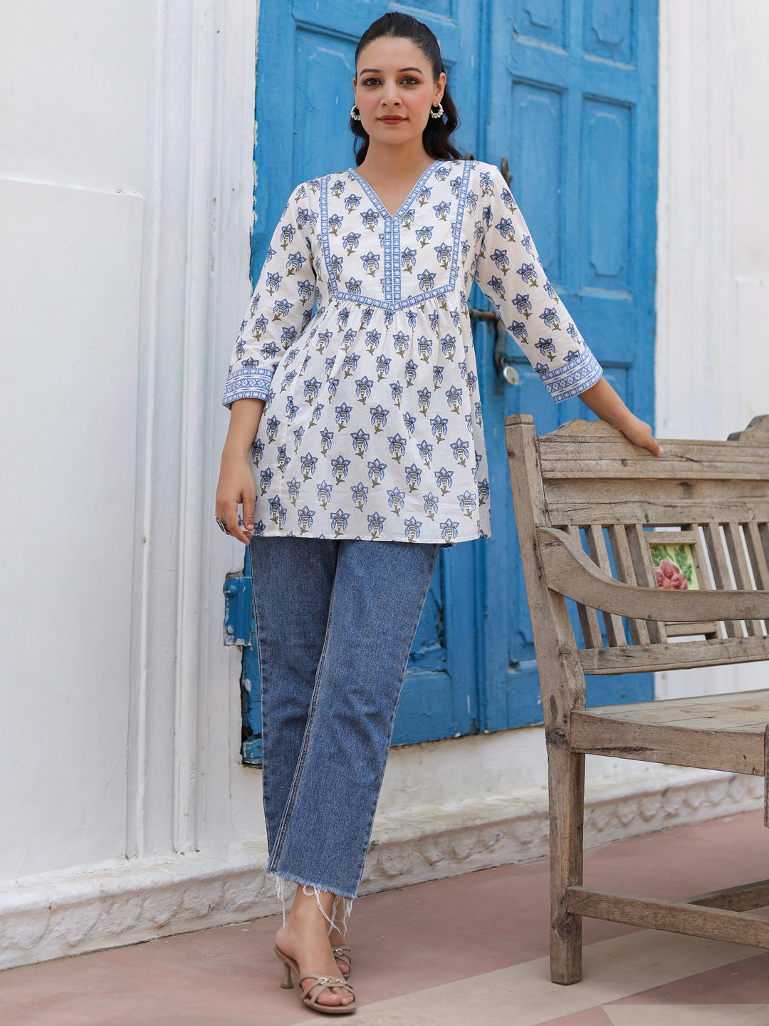 Women Floral Printed V Neck Cotton Top