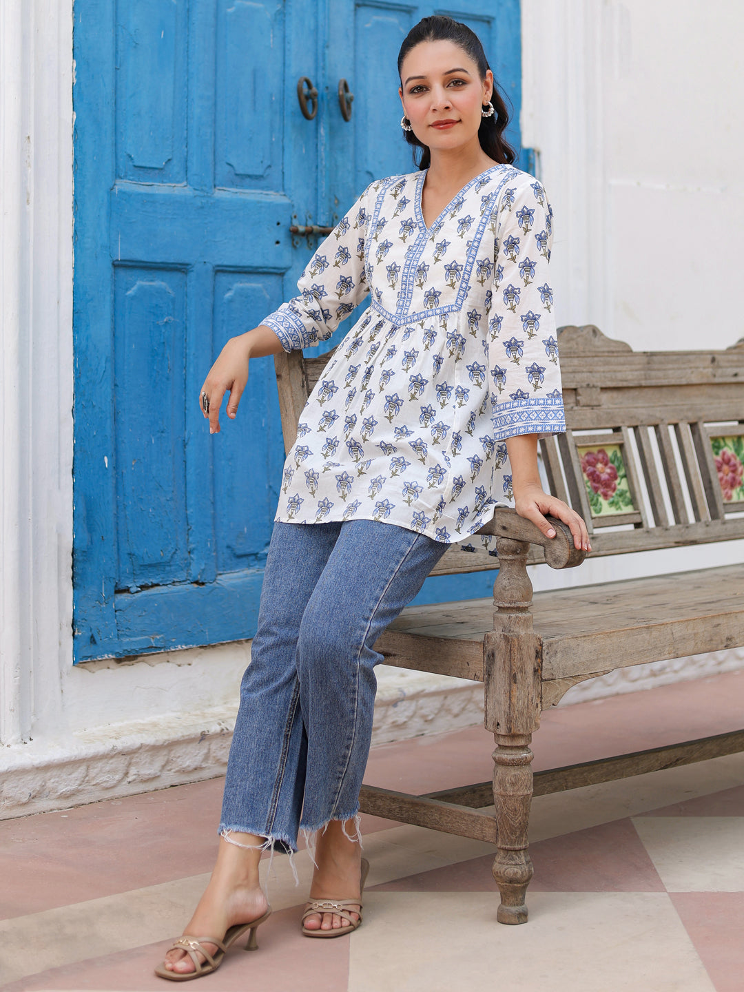 Women Floral Printed V Neck Cotton Top