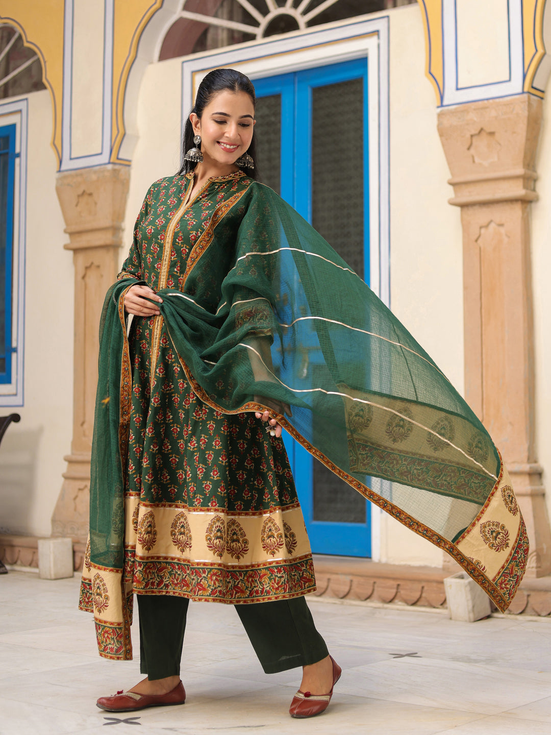 Women Ethnic Motifs Printed Cotton Anarkali Kurta with Trousers & Dupatta