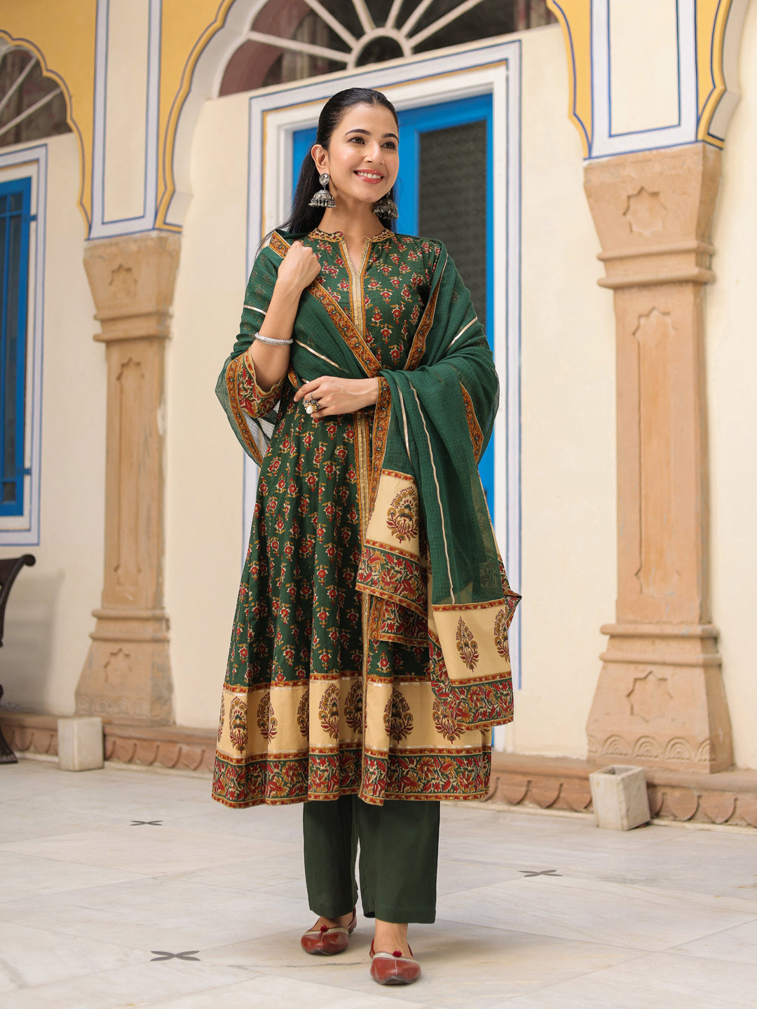 Women Ethnic Motifs Printed Cotton Anarkali Kurta with Trousers & Dupatta