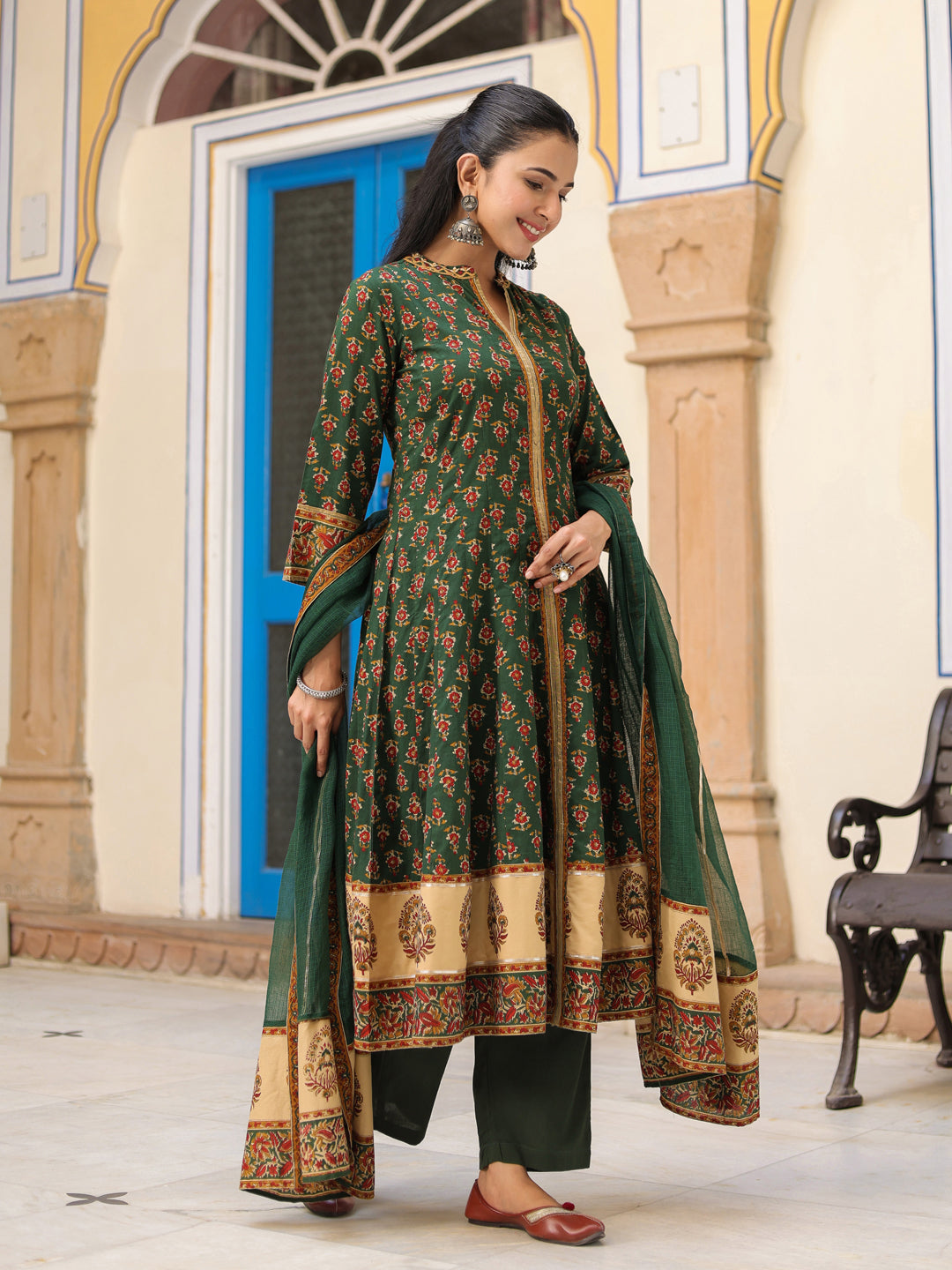 Women Ethnic Motifs Printed Cotton Anarkali Kurta with Trousers & Dupatta