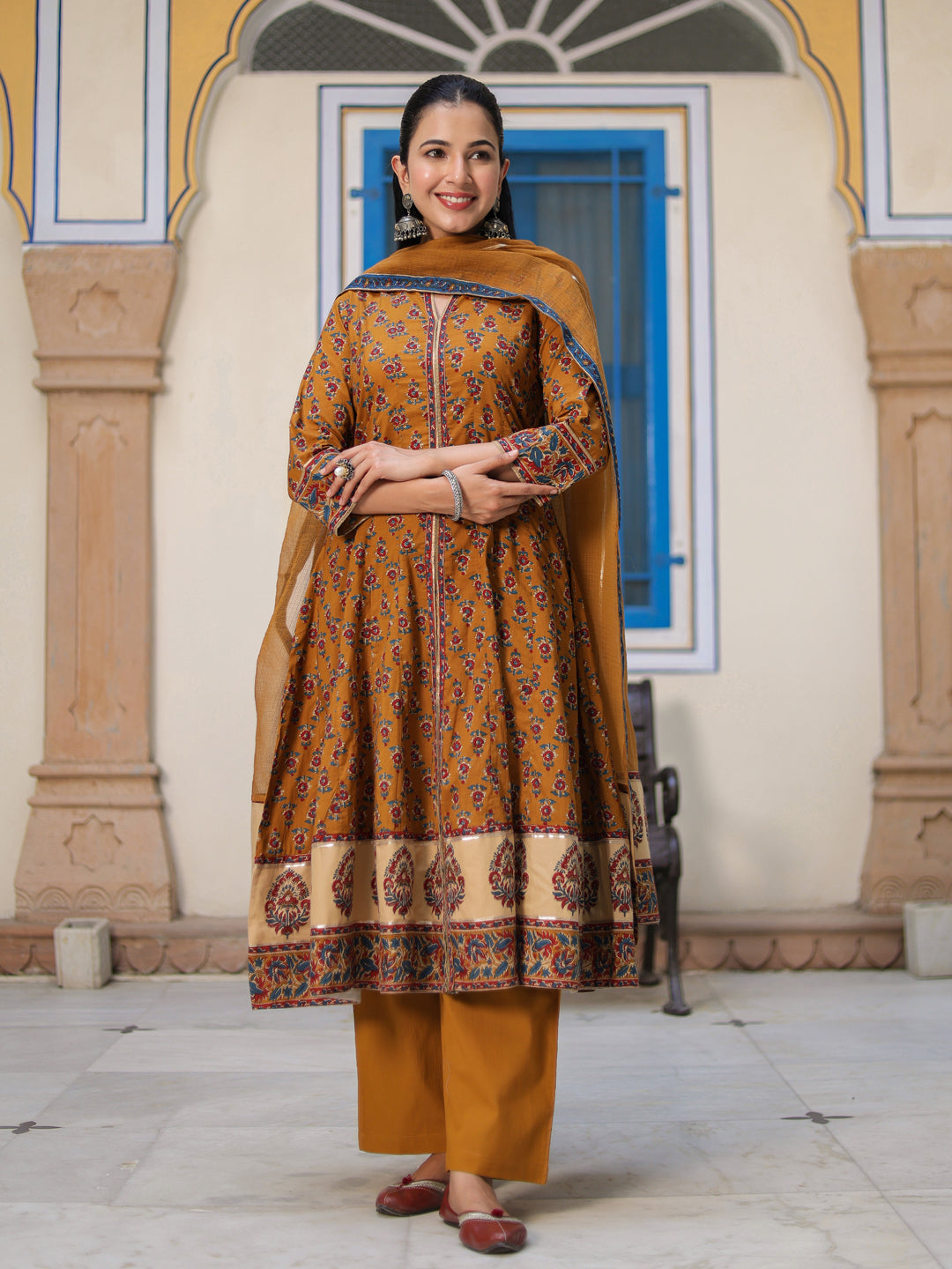 Women Ethnic Motifs Printed Cotton Anarkali Kurta with Trousers & Dupatta
