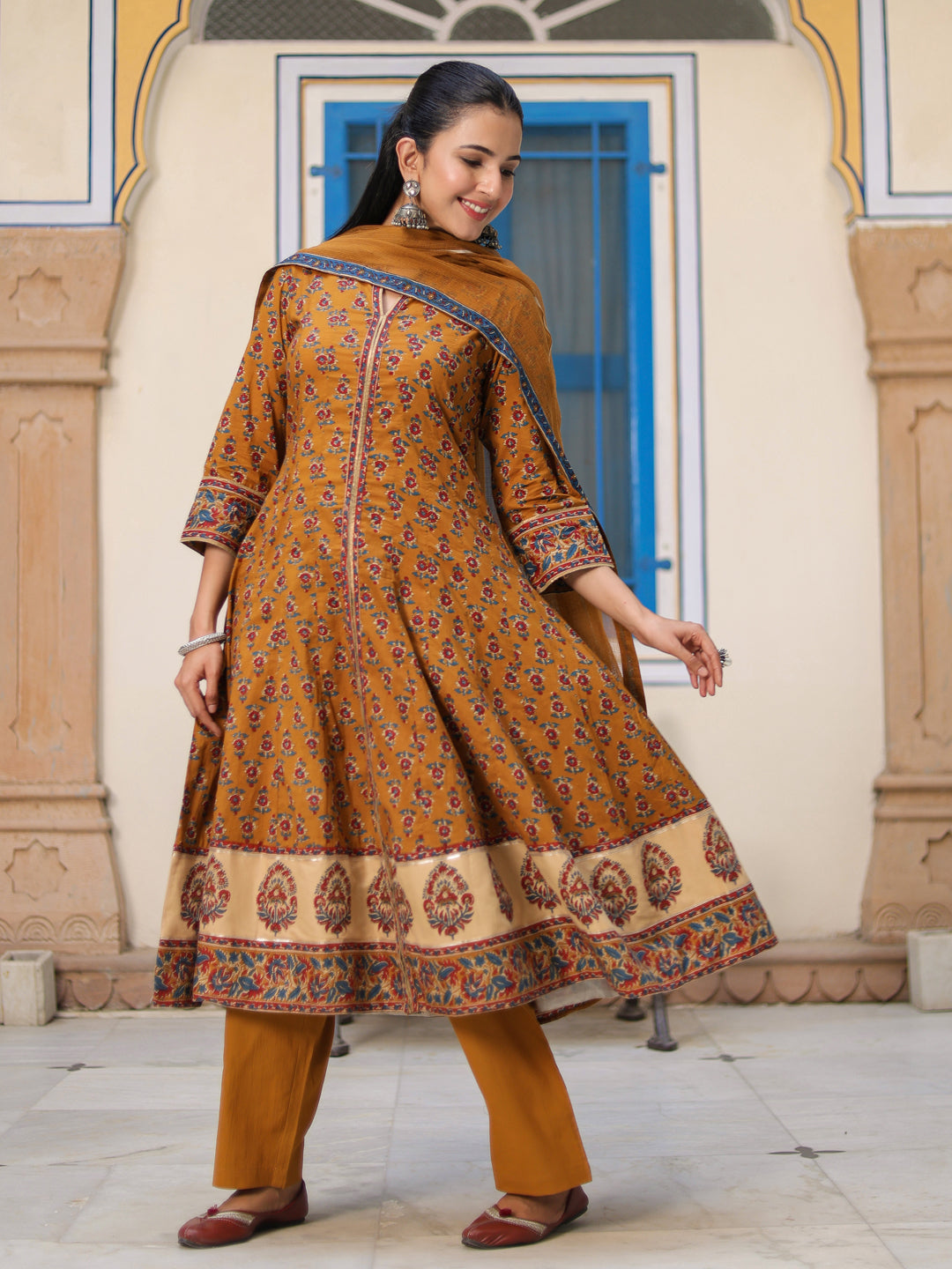 Women Ethnic Motifs Printed Cotton Anarkali Kurta with Trousers & Dupatta
