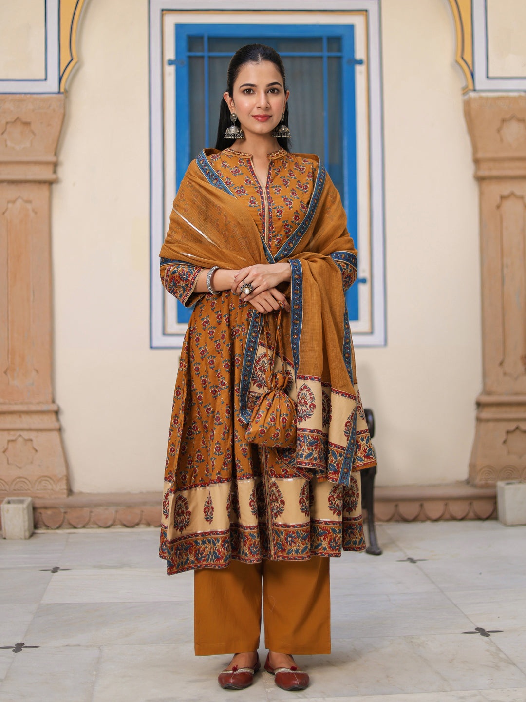 Women Ethnic Motifs Printed Cotton Anarkali Kurta with Trousers & Dupatta