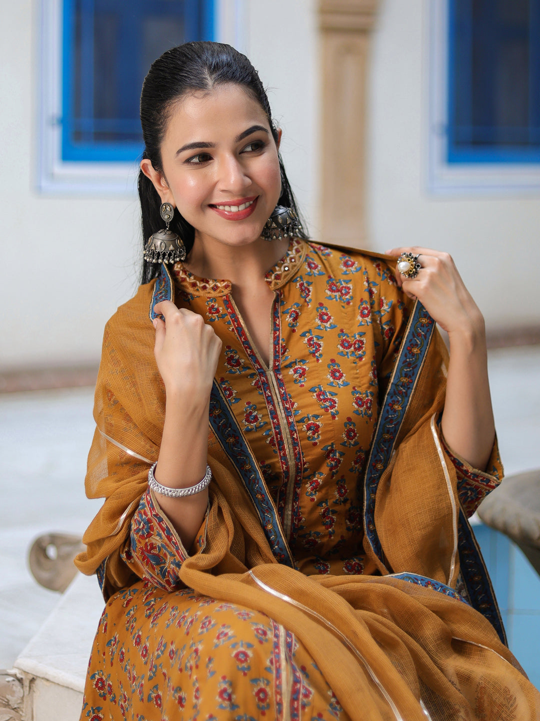 Women Ethnic Motifs Printed Cotton Anarkali Kurta with Trousers & Dupatta