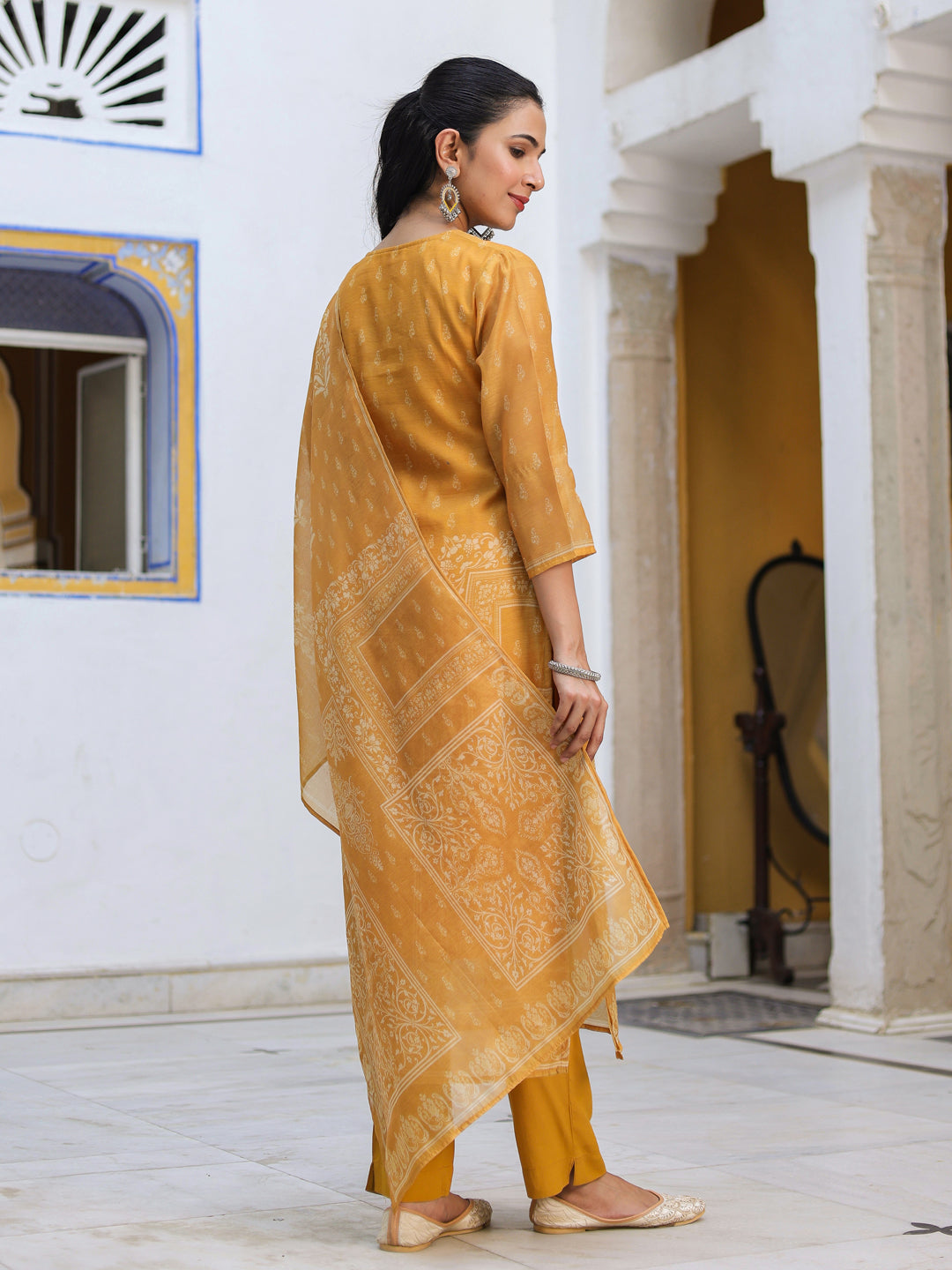 Ethnic Motifs Printed Chanderi Cotton Kurta With Trousers & Dupatta