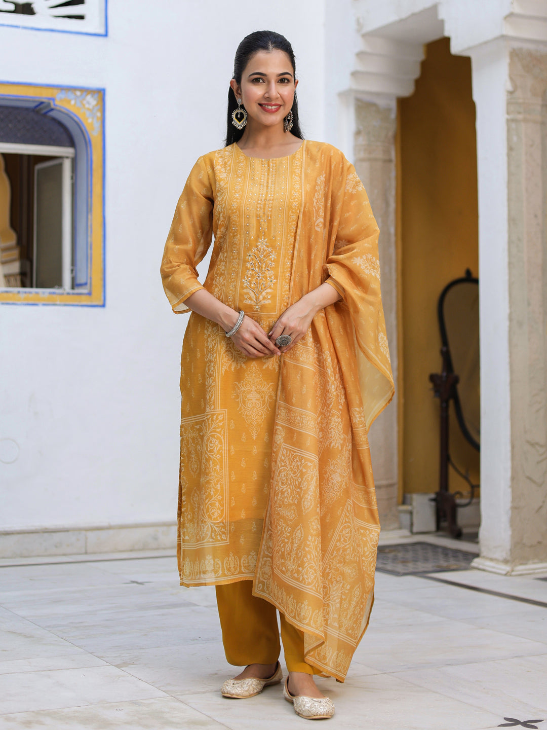 Ethnic Motifs Printed Chanderi Cotton Kurta With Trousers & Dupatta