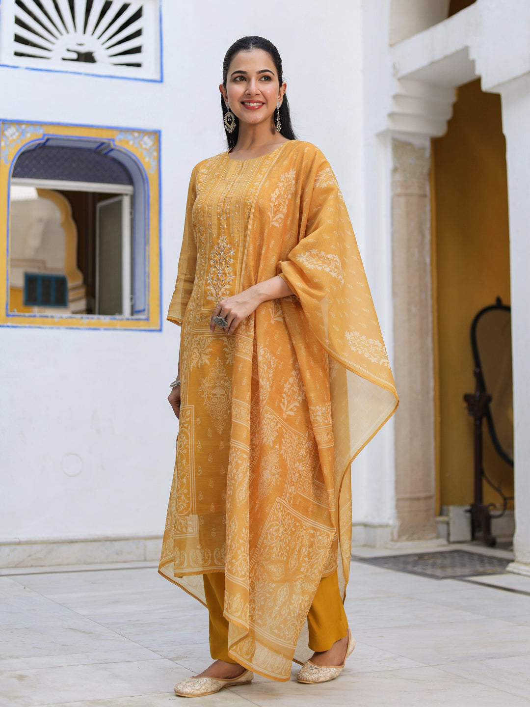 Ethnic Motifs Printed Chanderi Cotton Kurta With Trousers & Dupatta