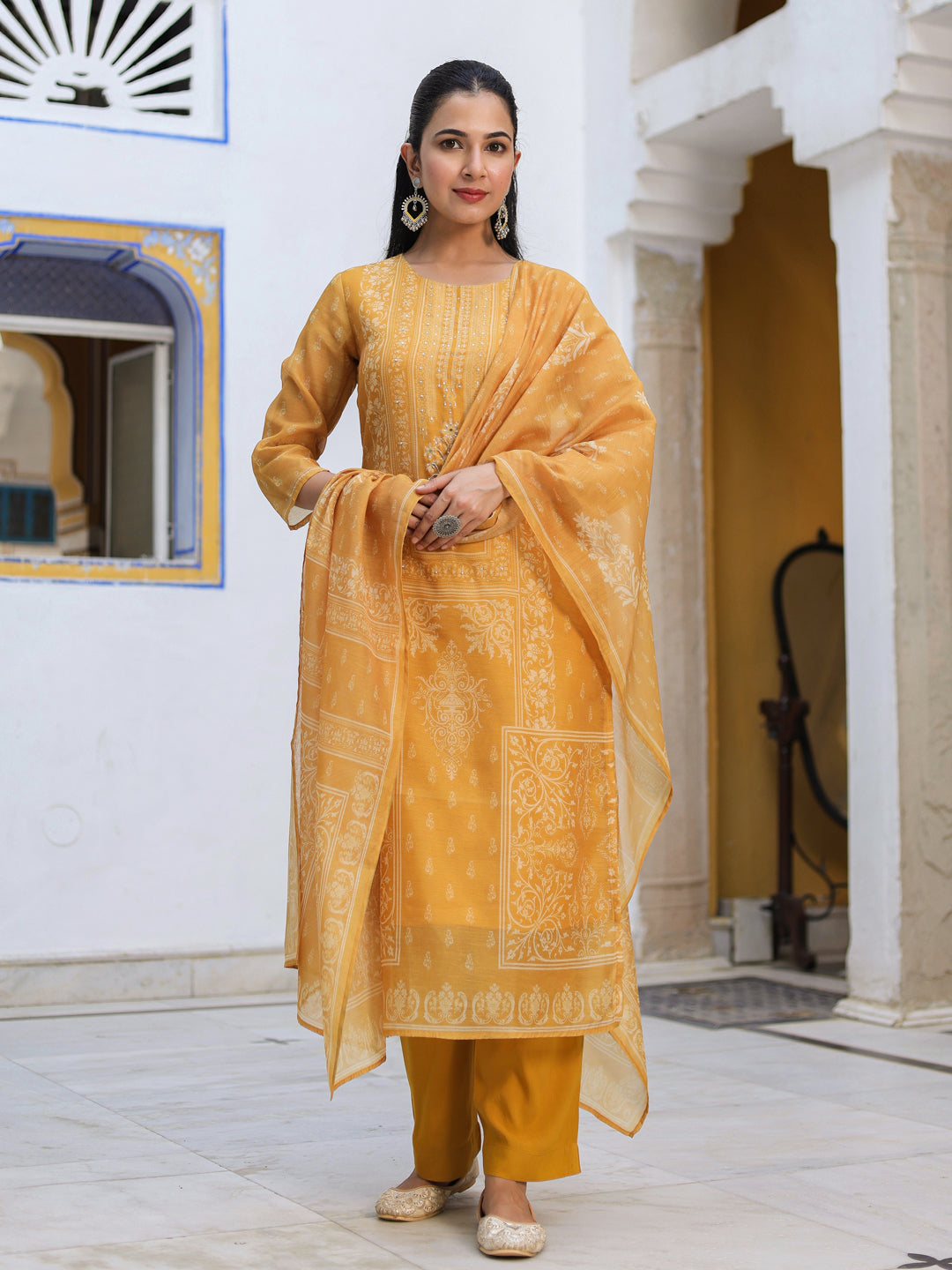 Ethnic Motifs Printed Chanderi Cotton Kurta With Trousers & Dupatta
