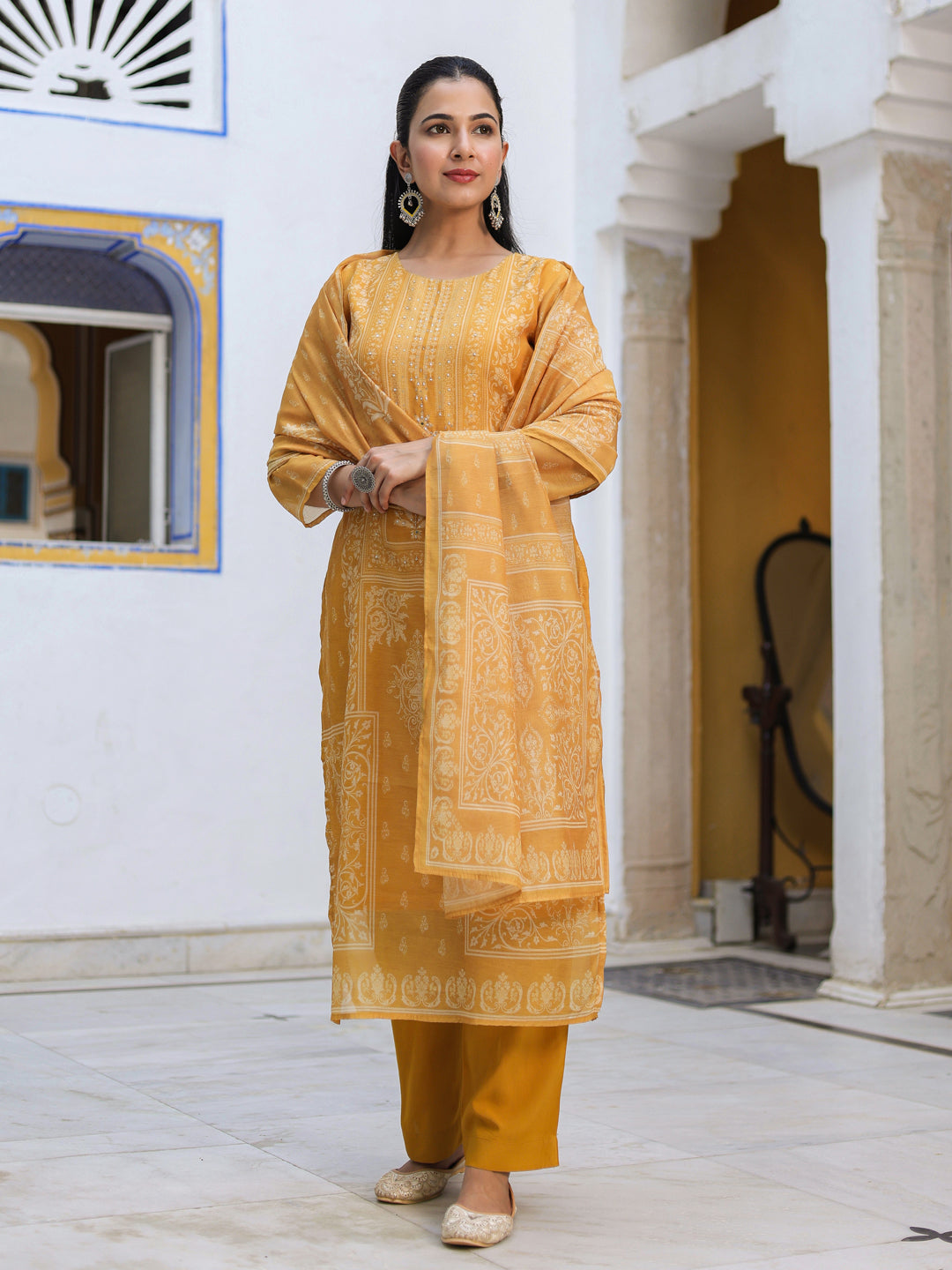 Ethnic Motifs Printed Chanderi Cotton Kurta With Trousers & Dupatta