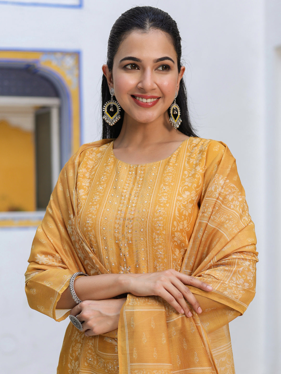 Ethnic Motifs Printed Chanderi Cotton Kurta With Trousers & Dupatta