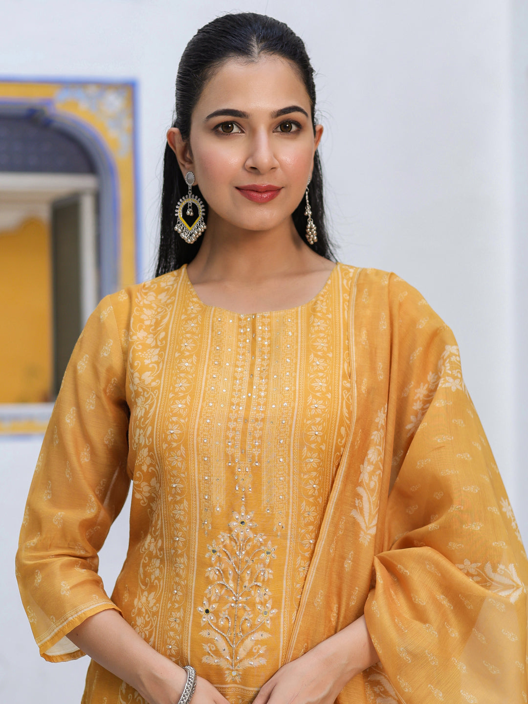 Ethnic Motifs Printed Chanderi Cotton Kurta With Trousers & Dupatta