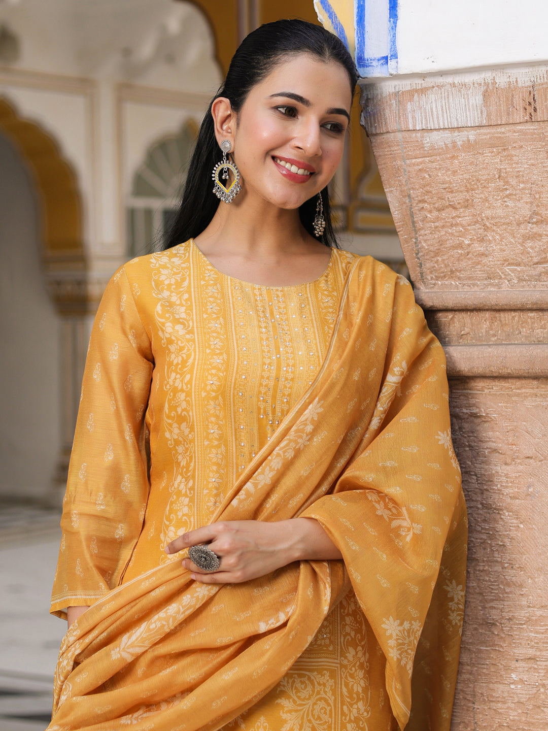 Ethnic Motifs Printed Chanderi Cotton Kurta With Trousers & Dupatta
