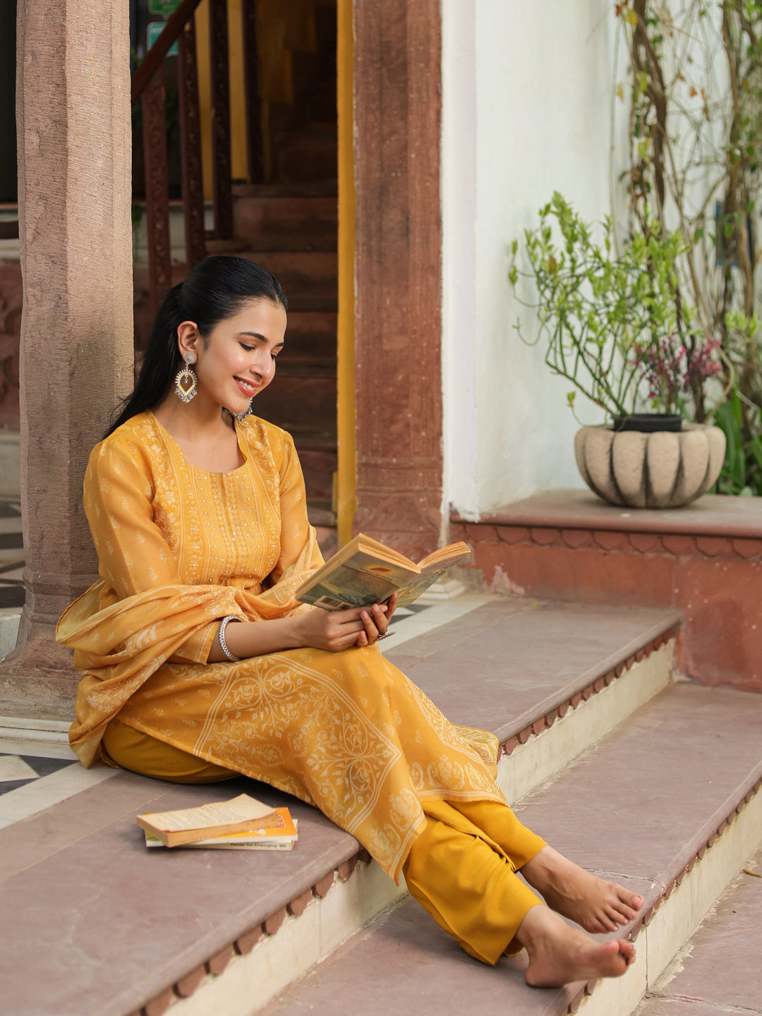 Ethnic Motifs Printed Chanderi Cotton Kurta With Trousers & Dupatta