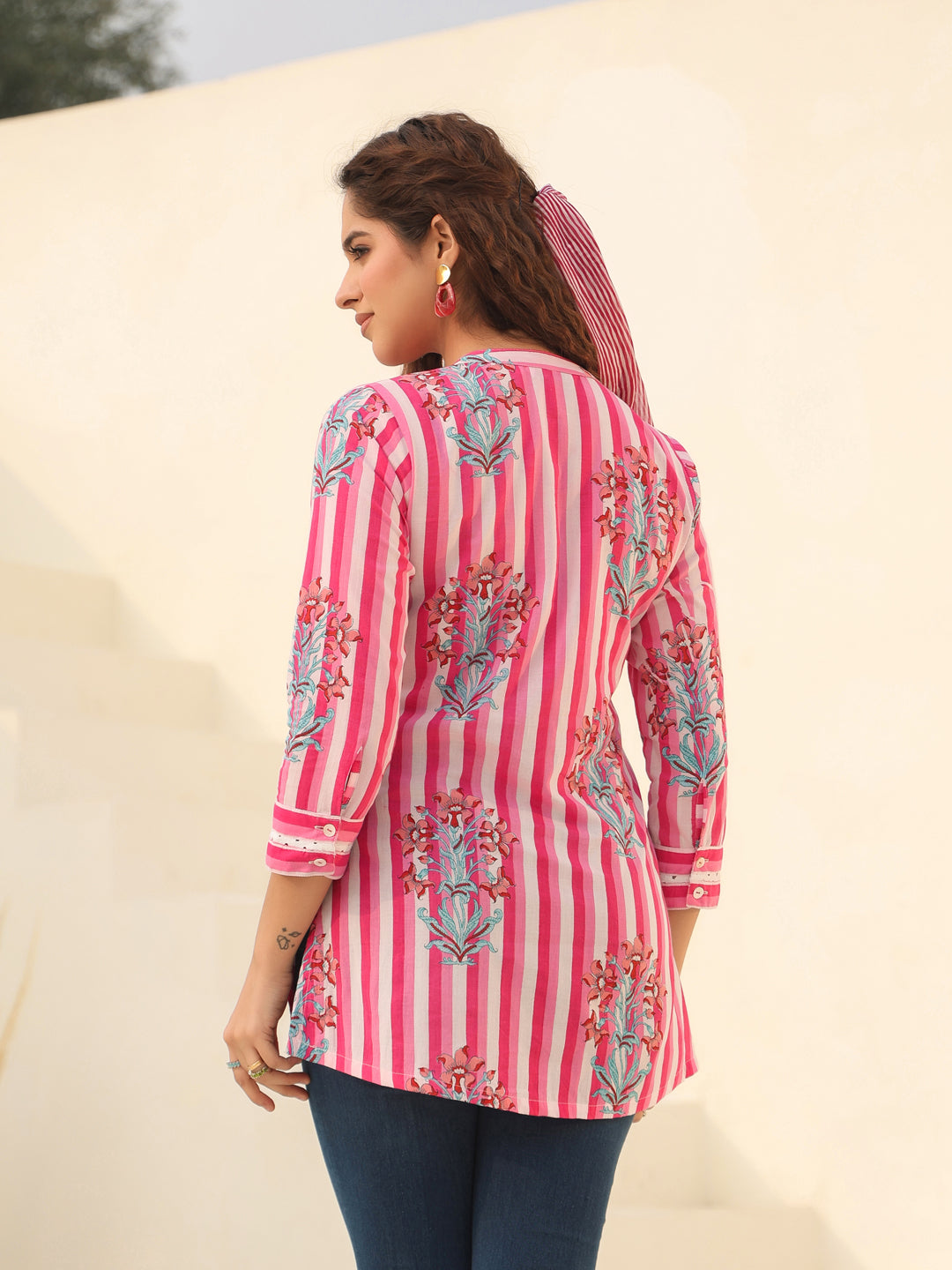 Floral Printed Mandarin Collar Cotton A-Line Top