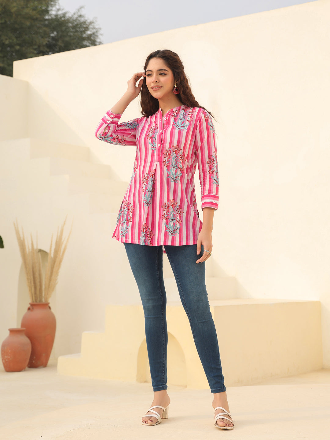 Floral Printed Mandarin Collar Cotton A-Line Top