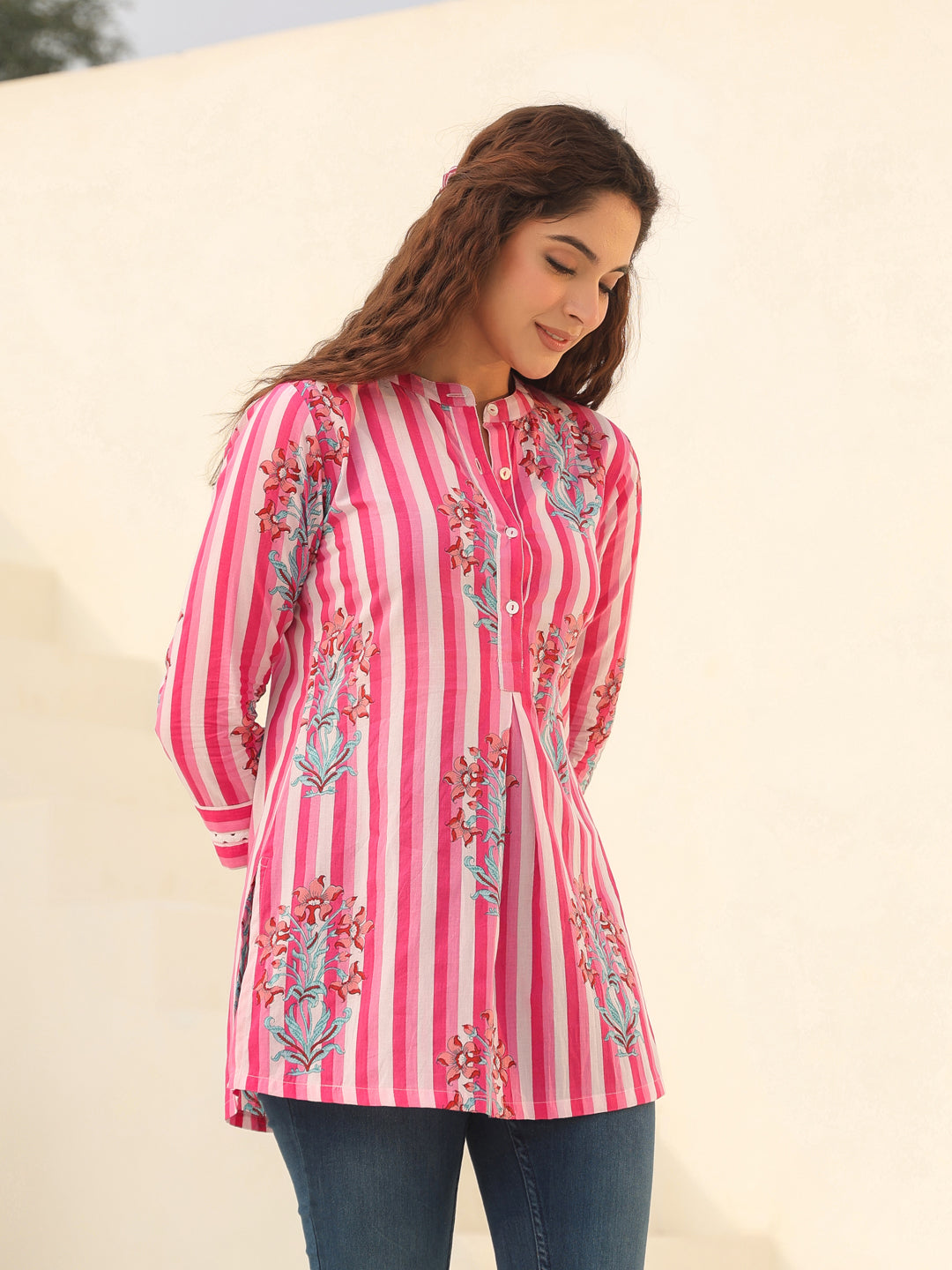 Floral Printed Mandarin Collar Cotton A-Line Top