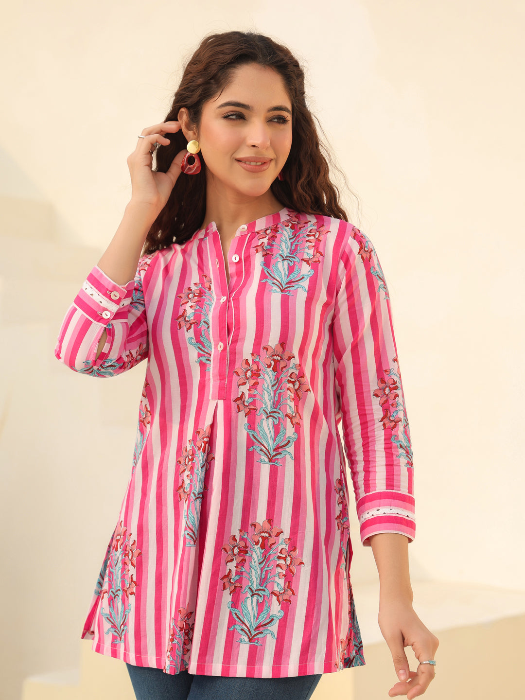 Floral Printed Mandarin Collar Cotton A-Line Top