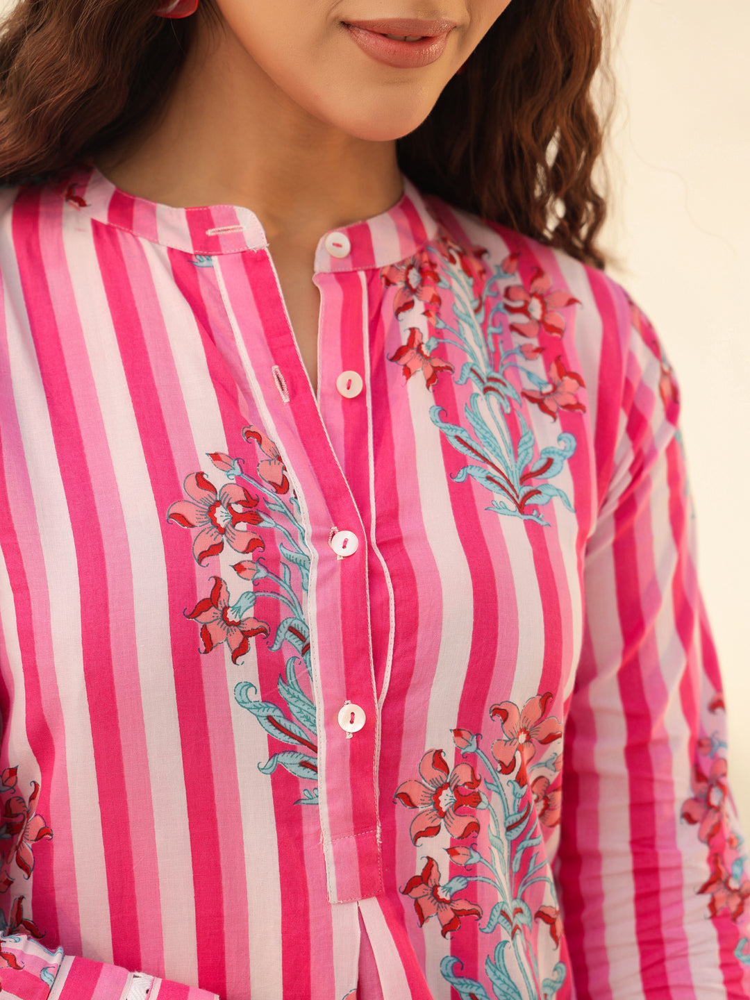 Floral Printed Mandarin Collar Cotton A-Line Top