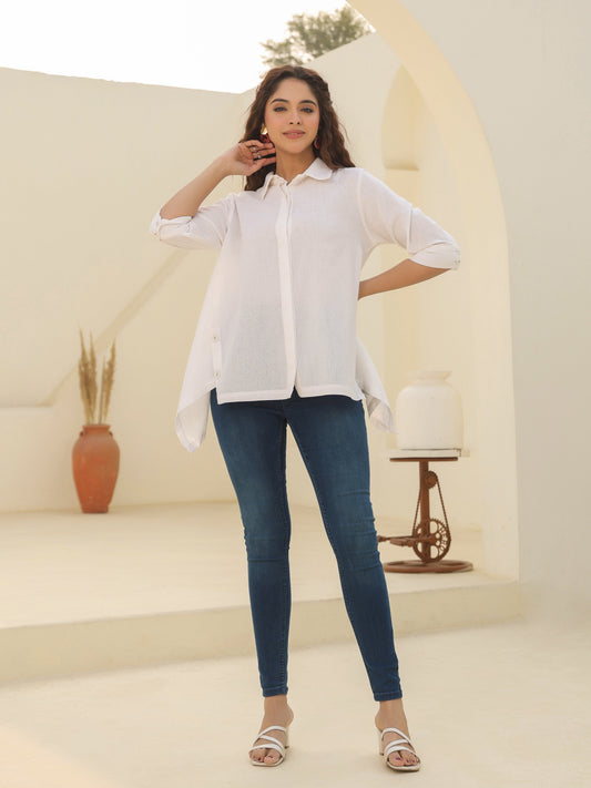 Shirt Collar Cuffed Sleeves Cotton Top