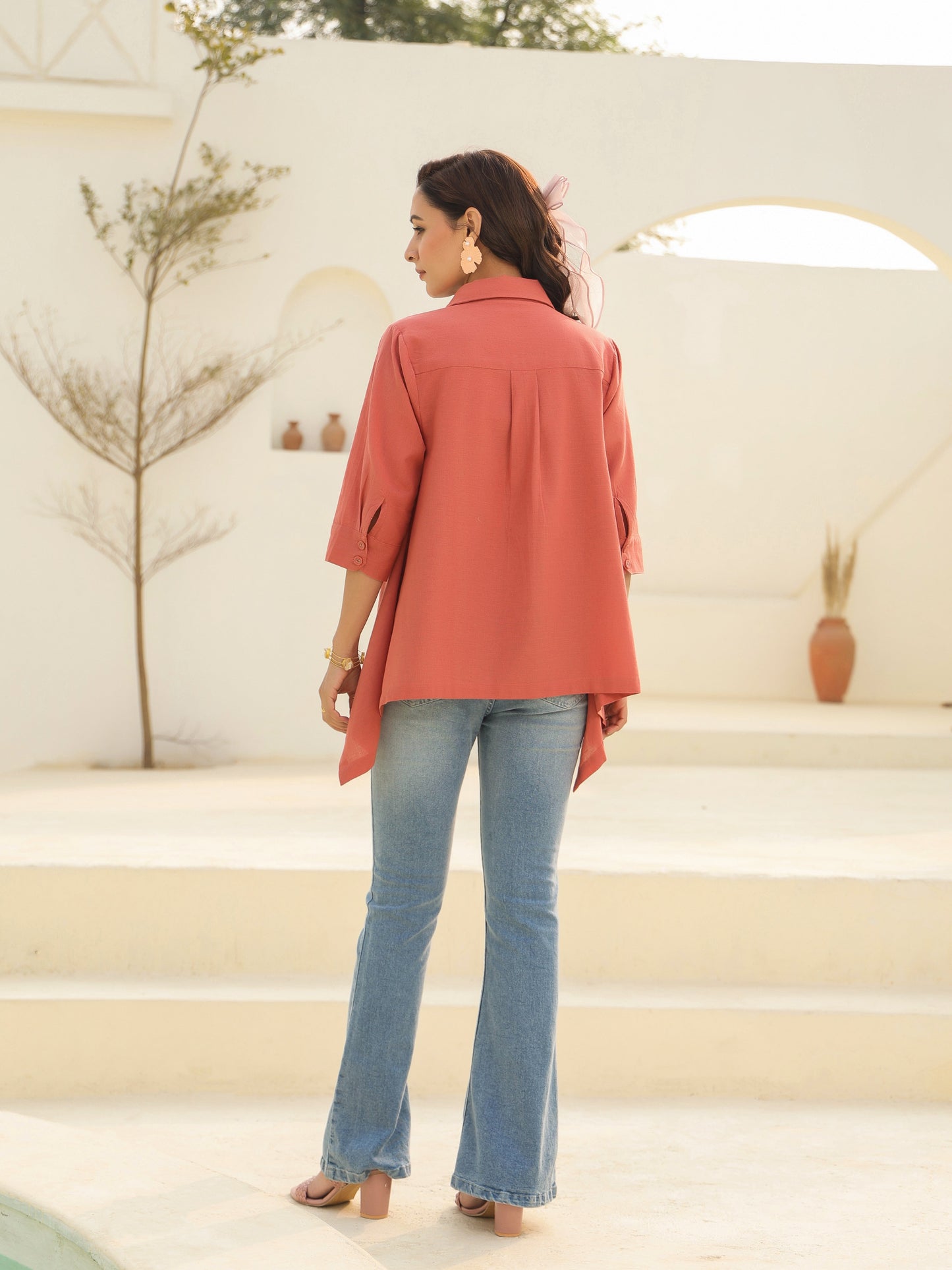 Women Solid Peach Shirt Collar Pure Cotton Top