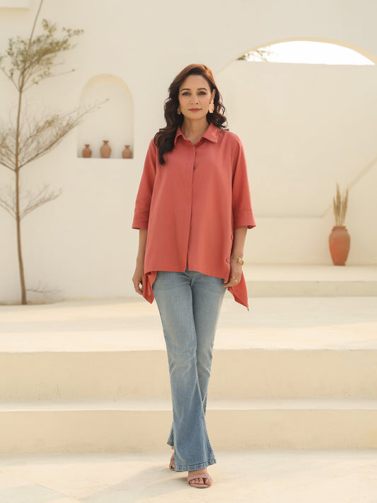 Women Solid Peach Shirt Collar Pure Cotton Top