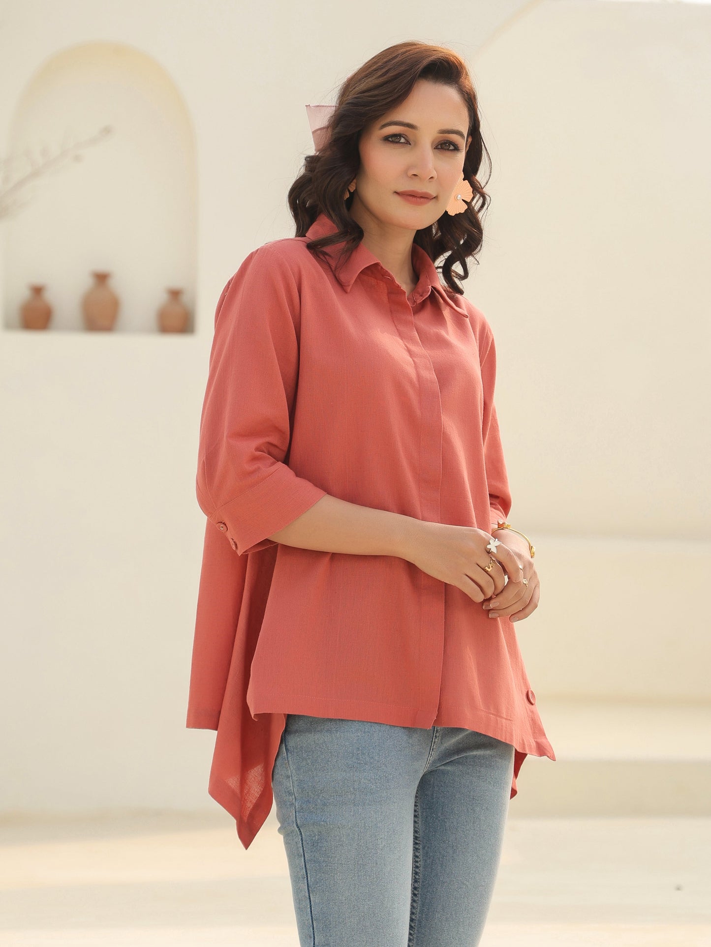 Women Solid Peach Shirt Collar Pure Cotton Top