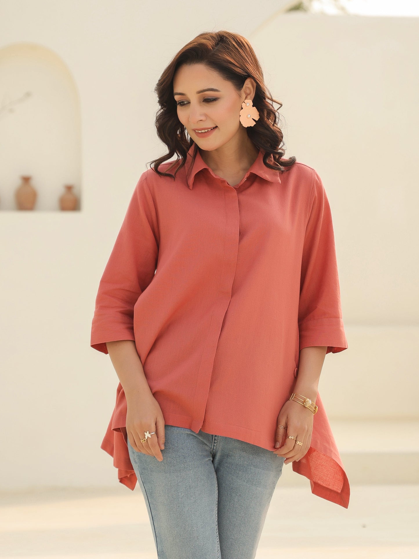Women Solid Peach Shirt Collar Pure Cotton Top