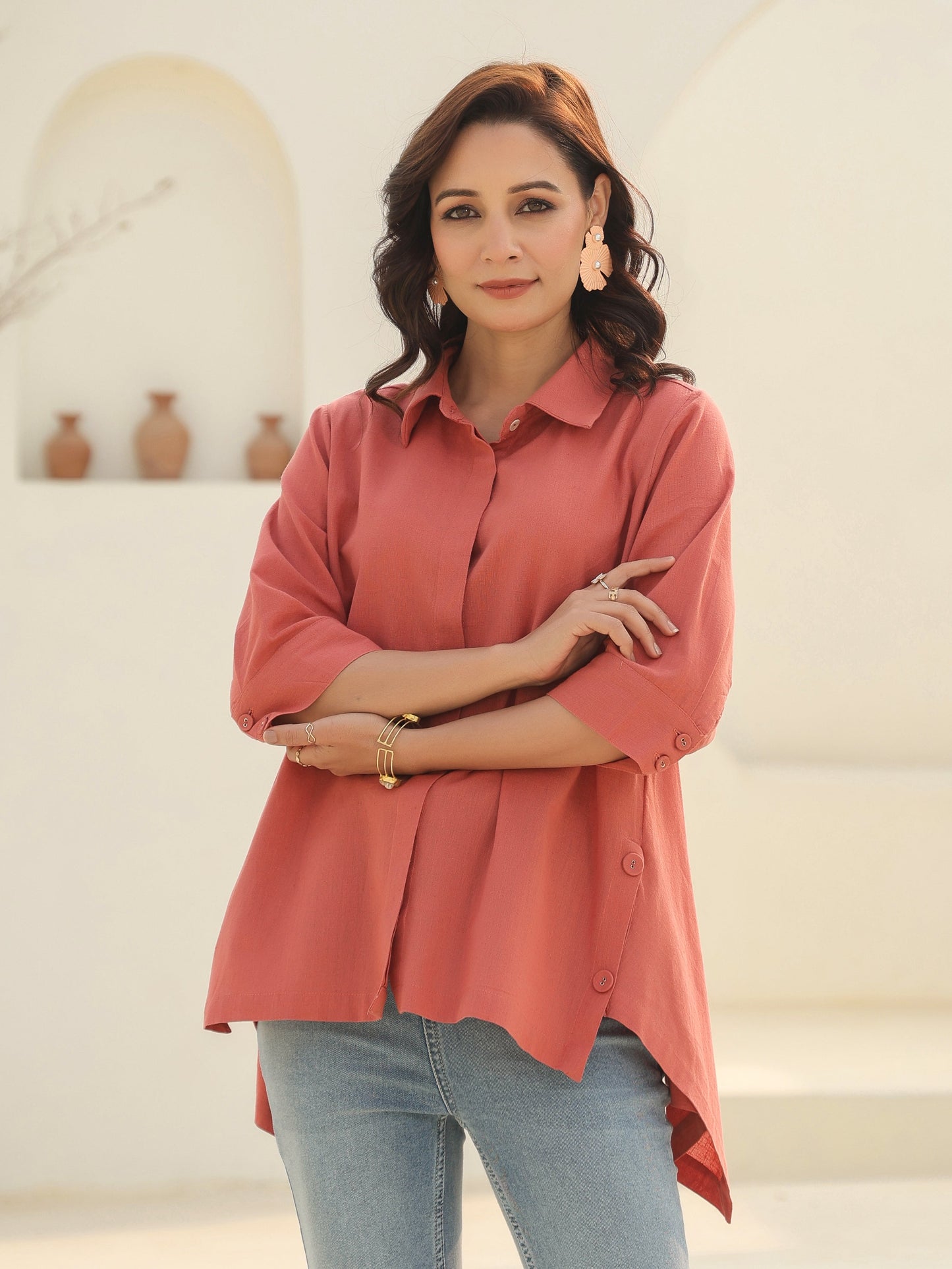 Women Solid Peach Shirt Collar Pure Cotton Top