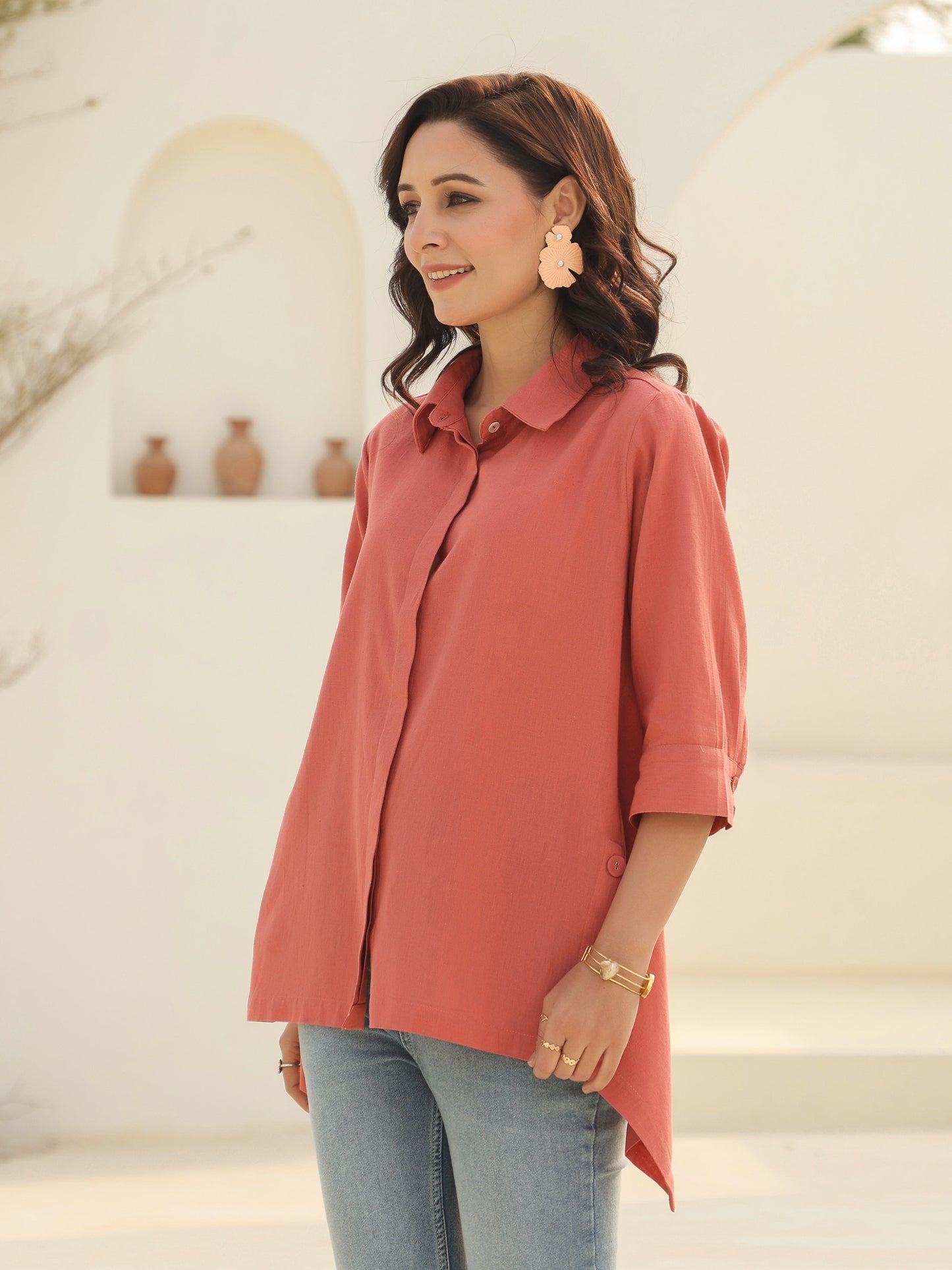 Women Solid Peach Shirt Collar Pure Cotton Top