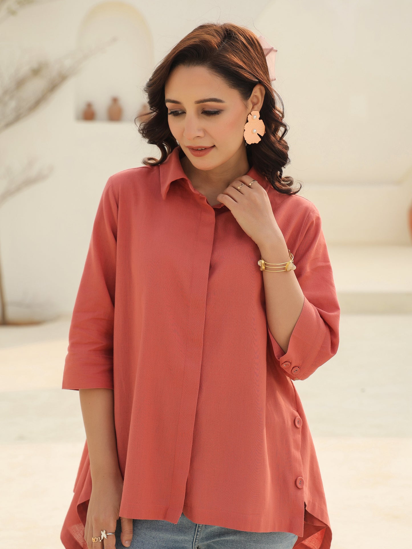 Women Solid Peach Shirt Collar Pure Cotton Top