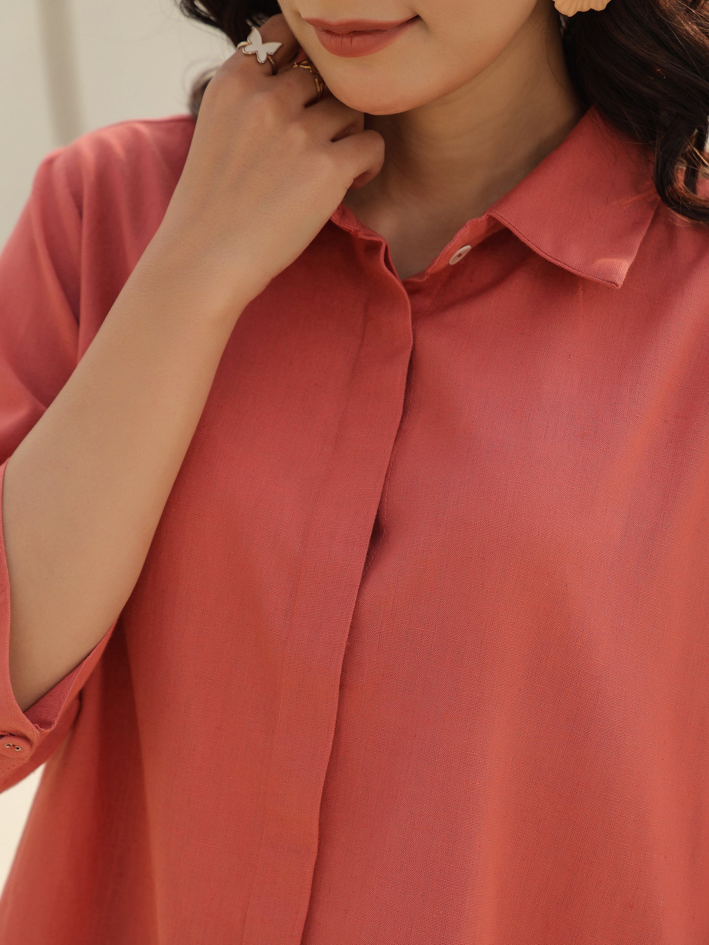 Women Solid Peach Shirt Collar Pure Cotton Top