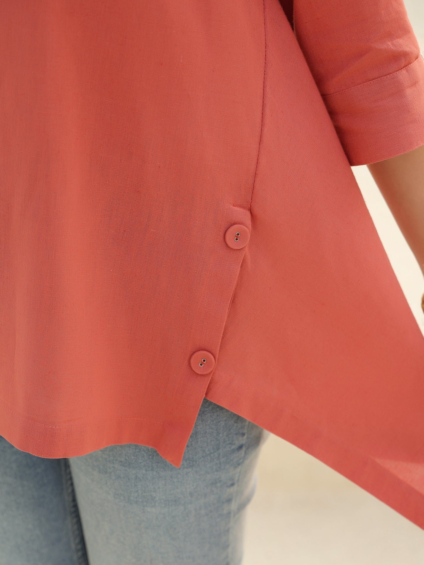 Women Solid Peach Shirt Collar Pure Cotton Top