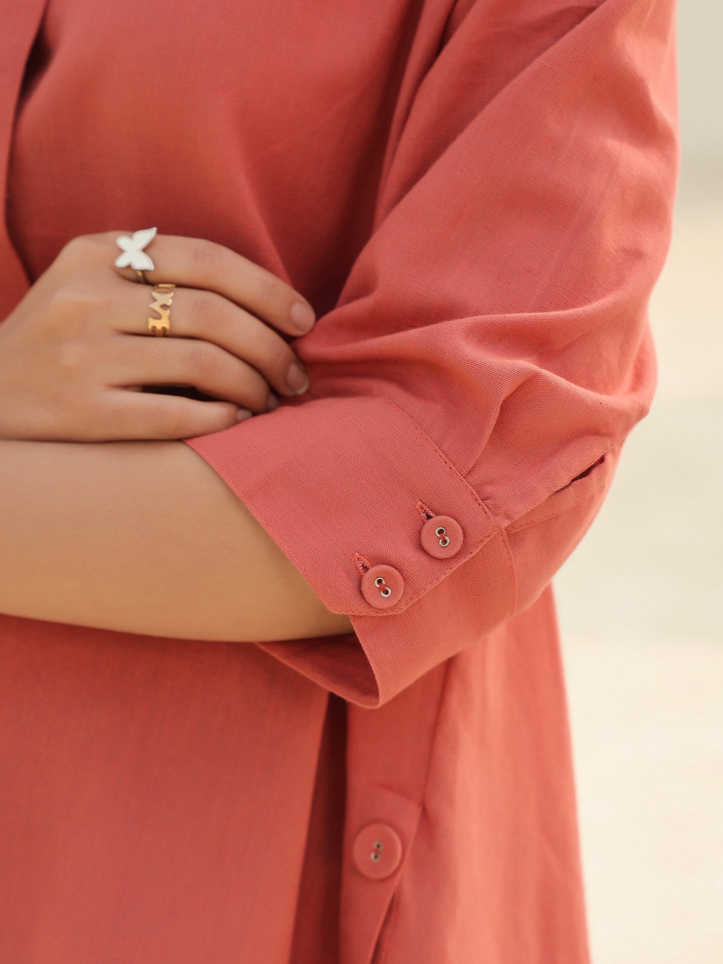 Women Solid Peach Shirt Collar Pure Cotton Top