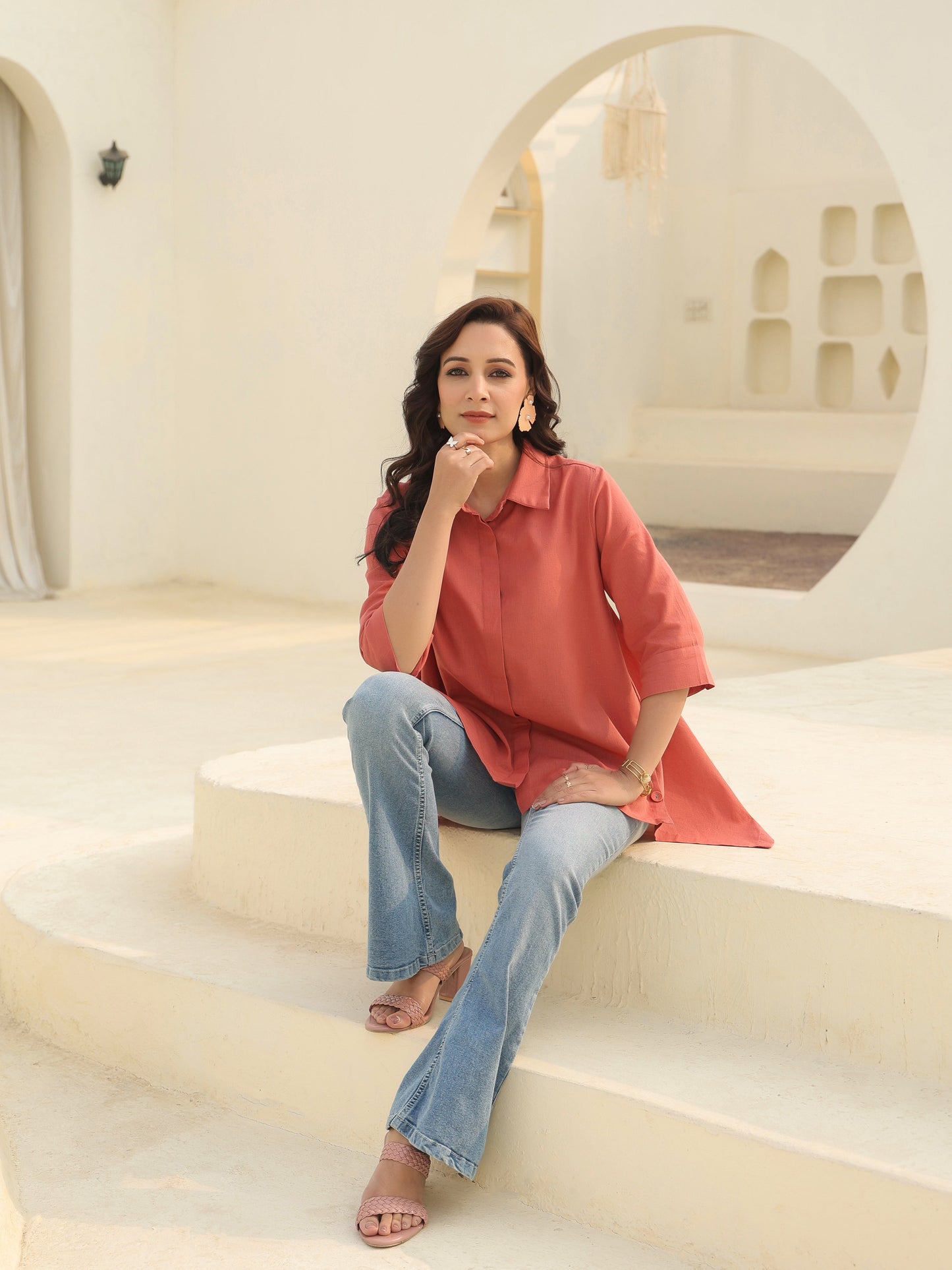 Women Solid Peach Shirt Collar Pure Cotton Top