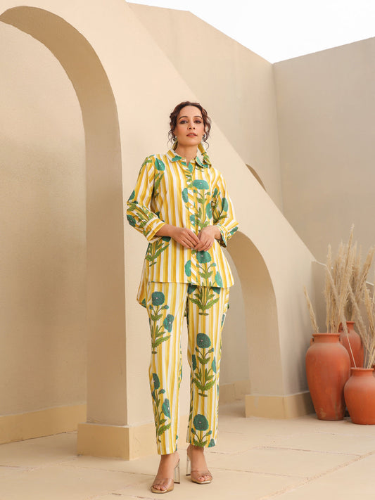 Printed Pure Cotton Shirt Collar Neck Shirt & Trouser Co-Ords