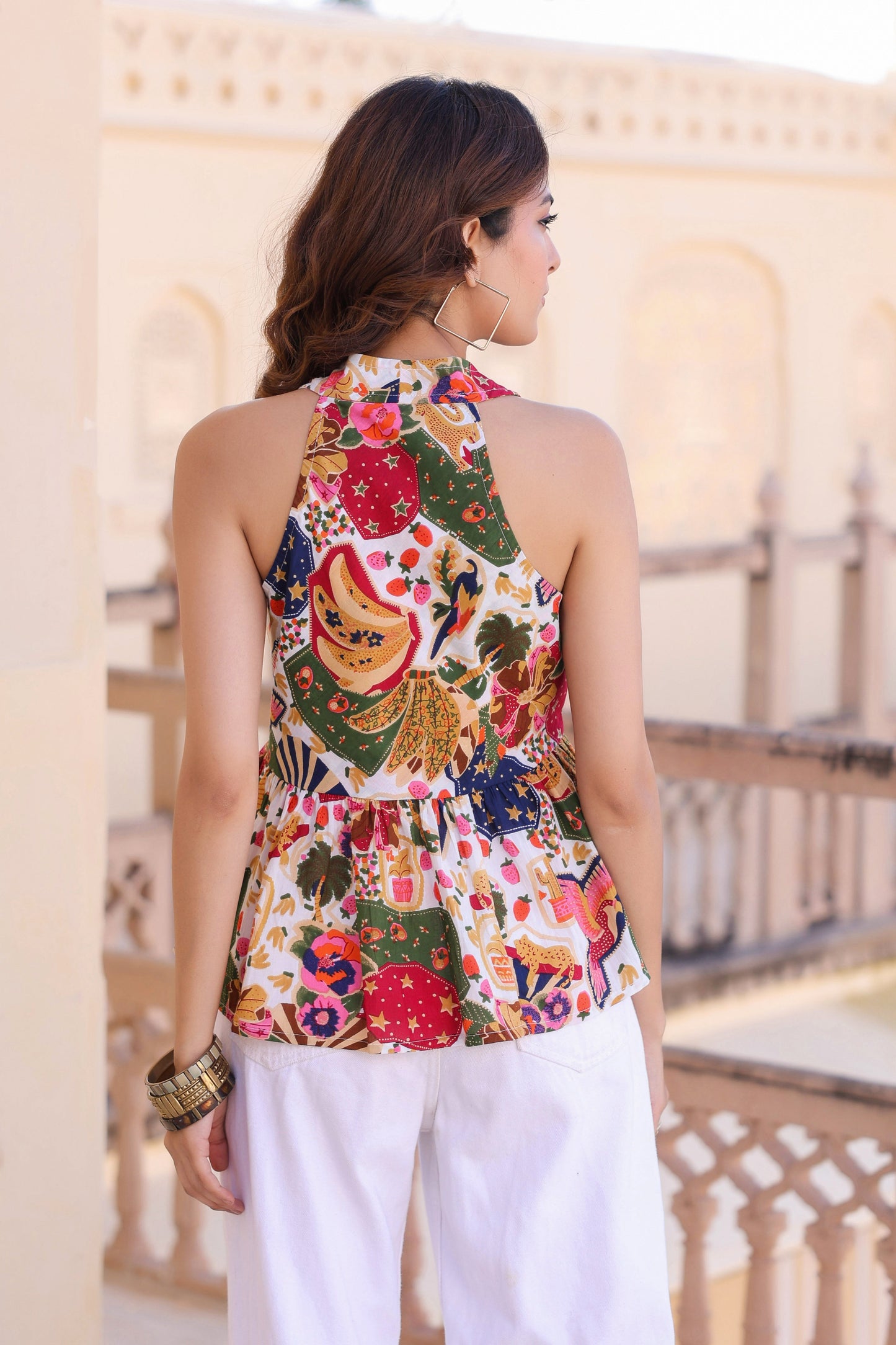 Women Printed Cotton Sleeveless Peplum Top
