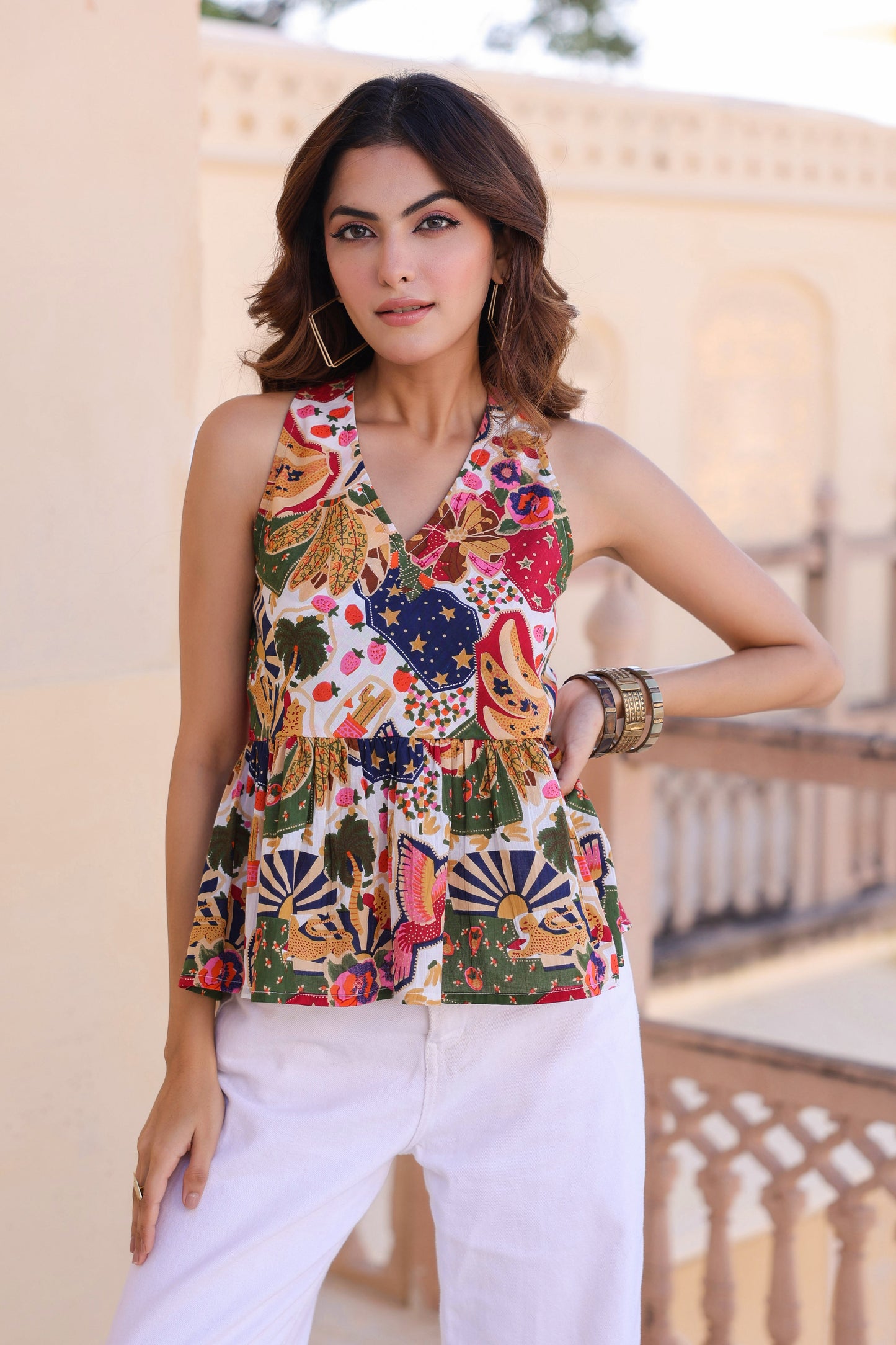 Women Printed Cotton Sleeveless Peplum Top