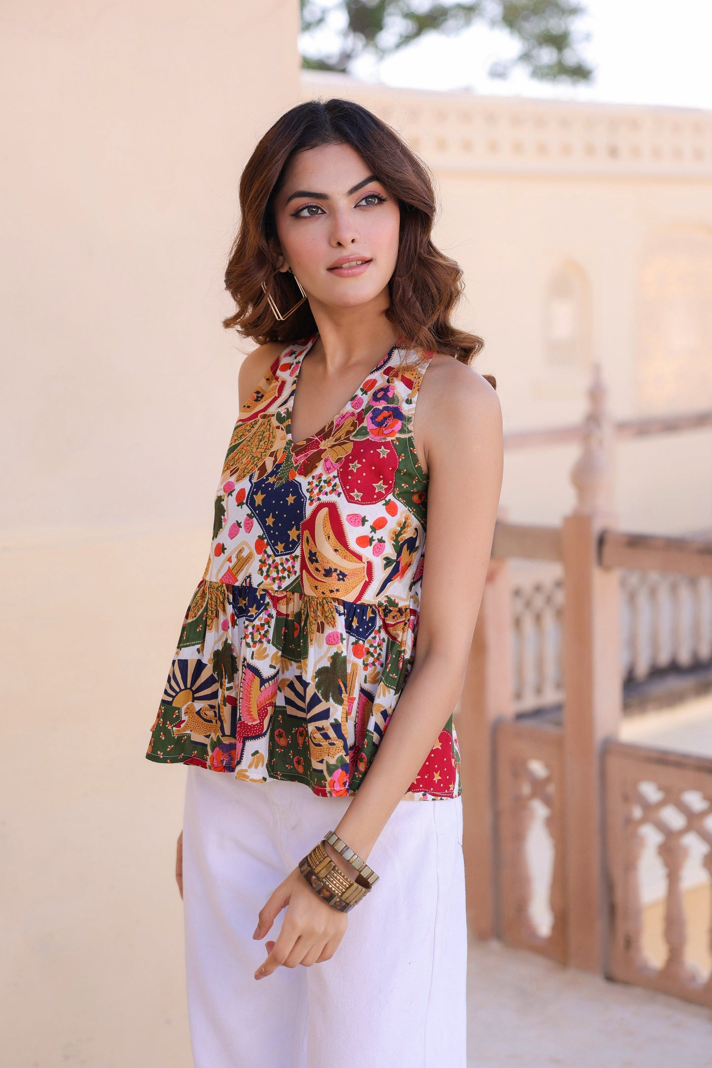 Women Printed Cotton Sleeveless Peplum Top